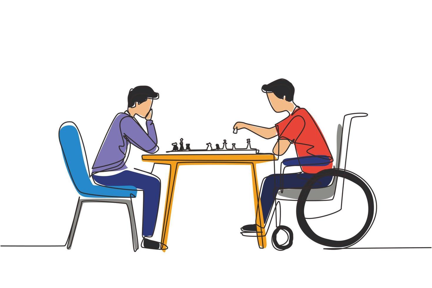 Single one line drawing disabled man in wheelchair plays chess with friend. People on social adaptation, hobby, tolerance, inclusive, accessibility and diversity. Continuous line draw design vector