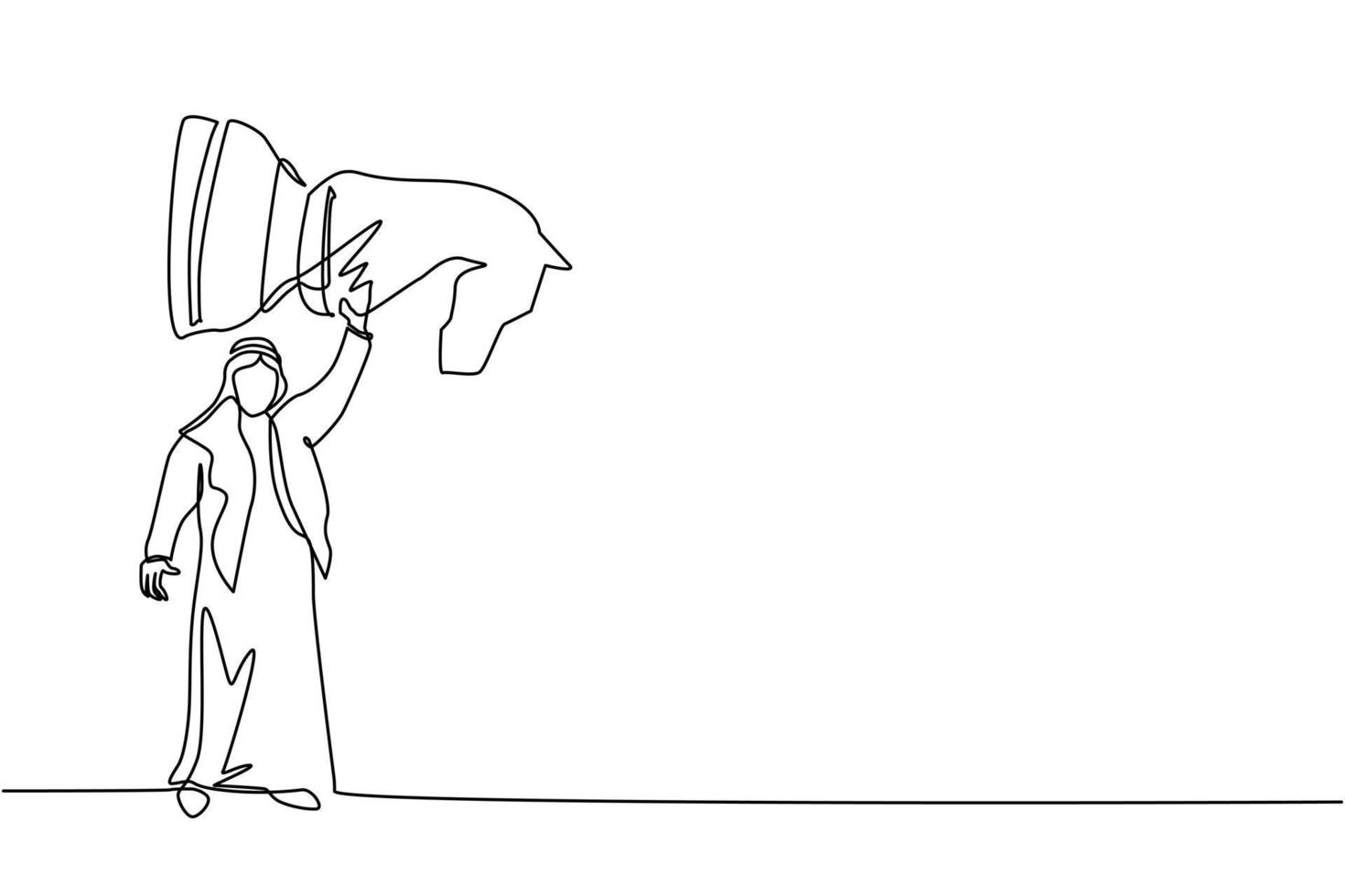 Single one line drawing Arabian businessman holding, lifting knight chess piece. Successful entrepreneurship tactics, strategy, superiority in business. Continuous line draw design vector illustration