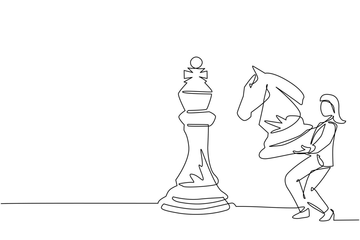 Single continuous line drawing businesswoman holding knight chess piece to beat king chess. Strategic planning, business development strategy, tactics in entrepreneurship. One line draw design vector