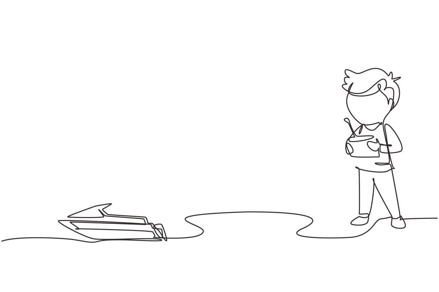 Continuous one line drawing boy playing with remote-controlled motor boat toy. Cute kids playing with electronic motor boat toy with remote control in hands. Single line draw design vector graphic