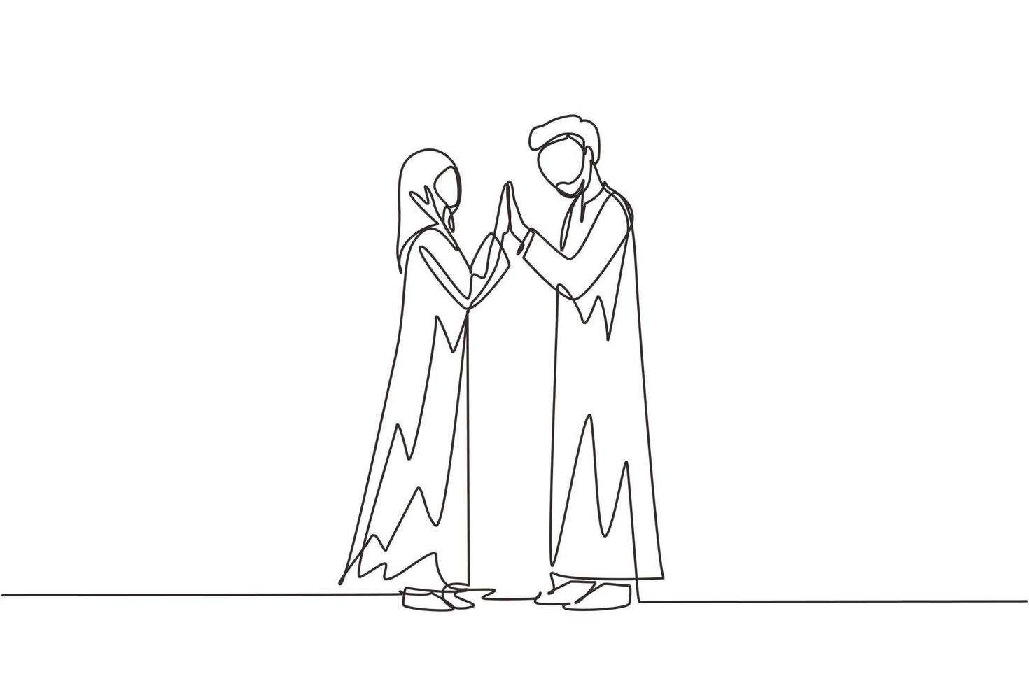 un solo dibujo de una línea hombre y mujer árabes tomándose de la mano y mirándose a los ojos. pareja enamorada pasando tiempo juntos al aire libre. concepto de familia feliz. vector gráfico de diseño de línea continua