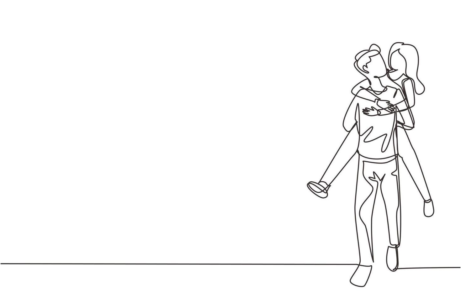 Single continuous line drawing happy man carrying and embracing woman. Happy romantic couple in love. Young couple relationship celebrate wedding anniversary. One line draw graphic design vector