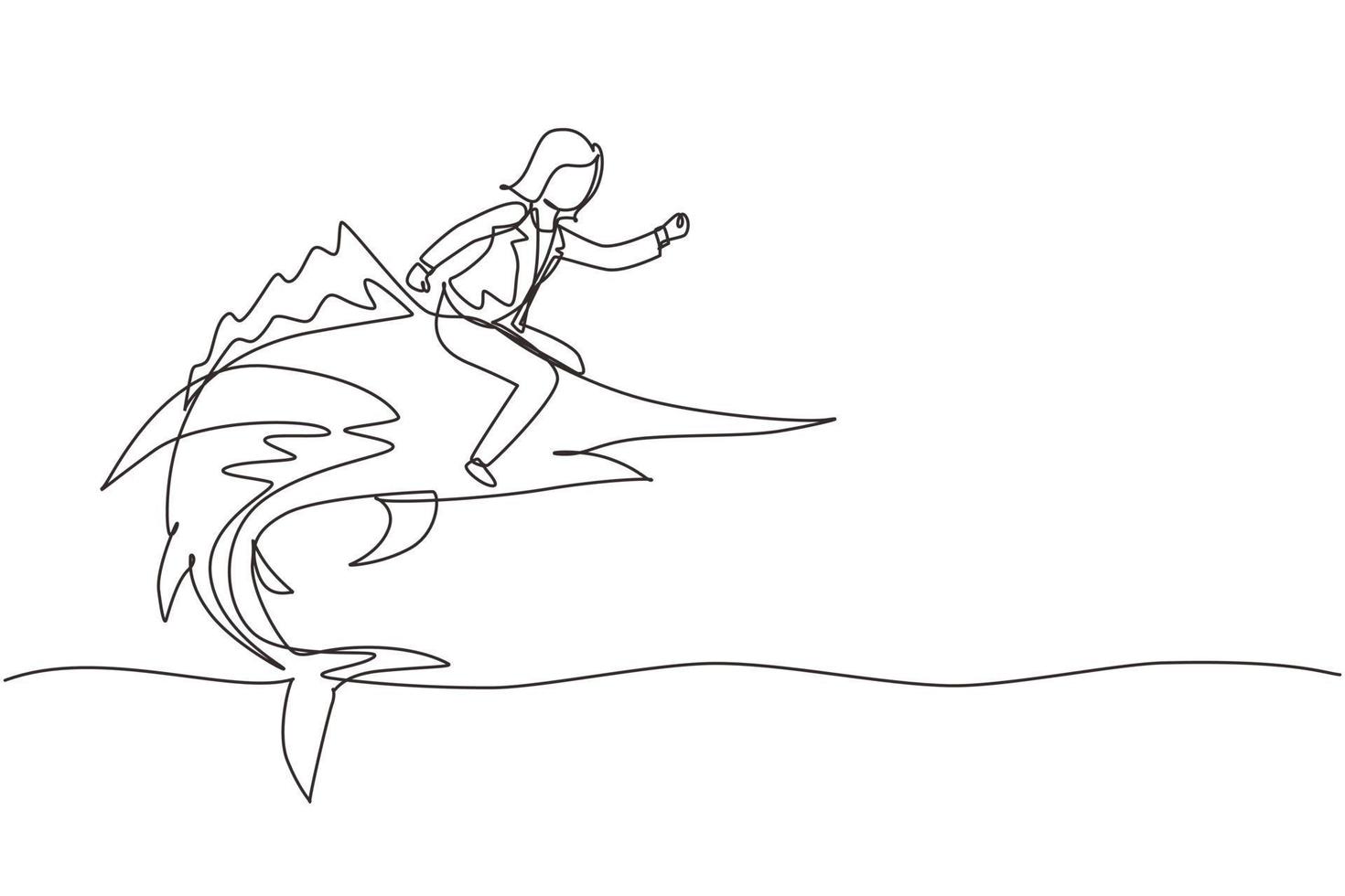 Single continuous line drawing brave businesswoman riding huge dangerous marlin fish. Professional entrepreneur female character fight with predator. One line draw graphic design vector illustration