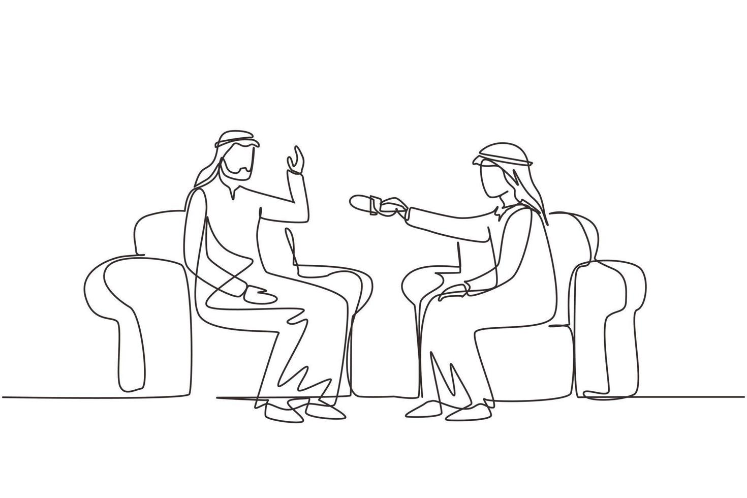 Single continuous line drawing interview with famous person. Television, internet broadcast where Arab journalist talks to celebrity. Journalist, interviewer. One line draw design vector illustration