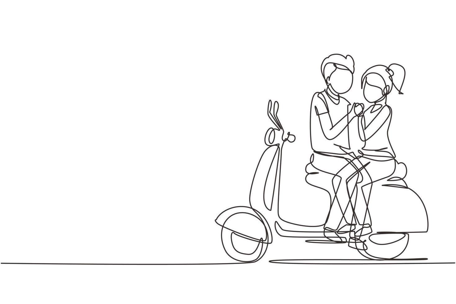 Single one line drawing riders couple trip travel relax. Romantic honeymoon moments sitting and talking on motorcycle. Man with woman riding scooter. Modern continuous line draw design graphic vector