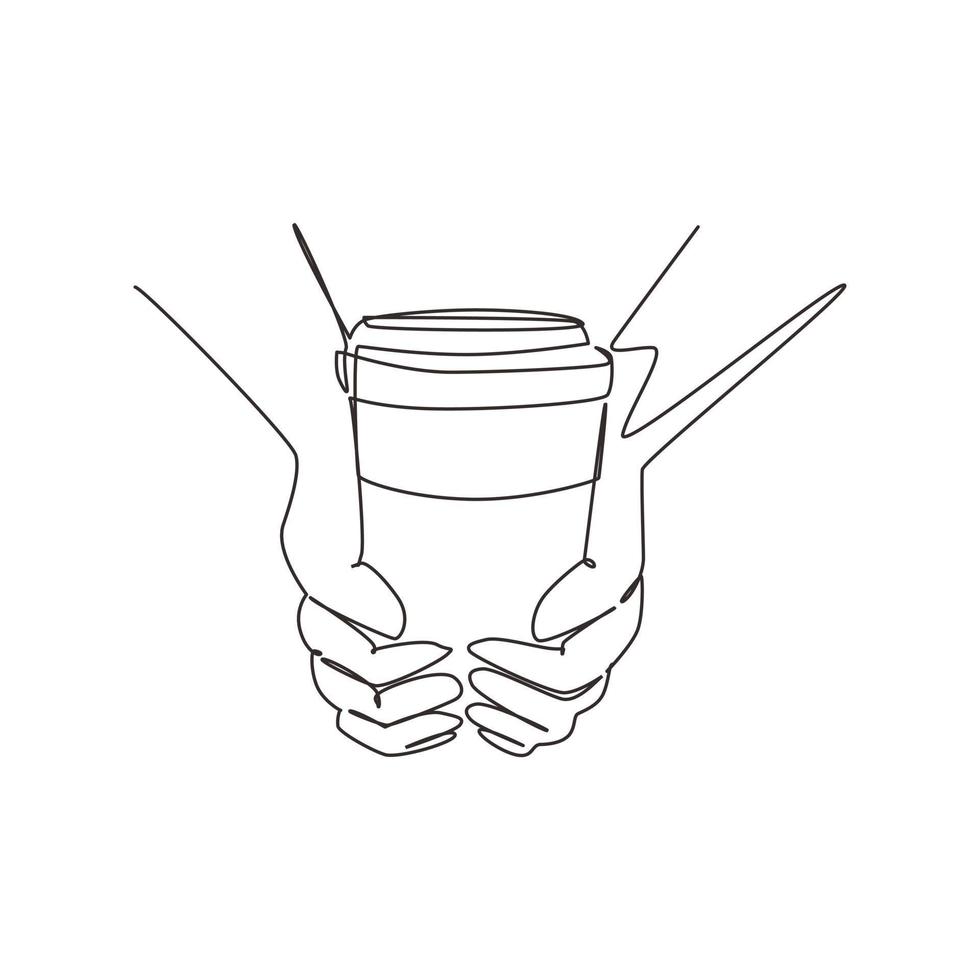 Single one line drawing take away retro illustration of vintage stylized human hands hold paper cup of hot coffee. Coffee break refreshment from work. Modern continuous line draw design graphic vector