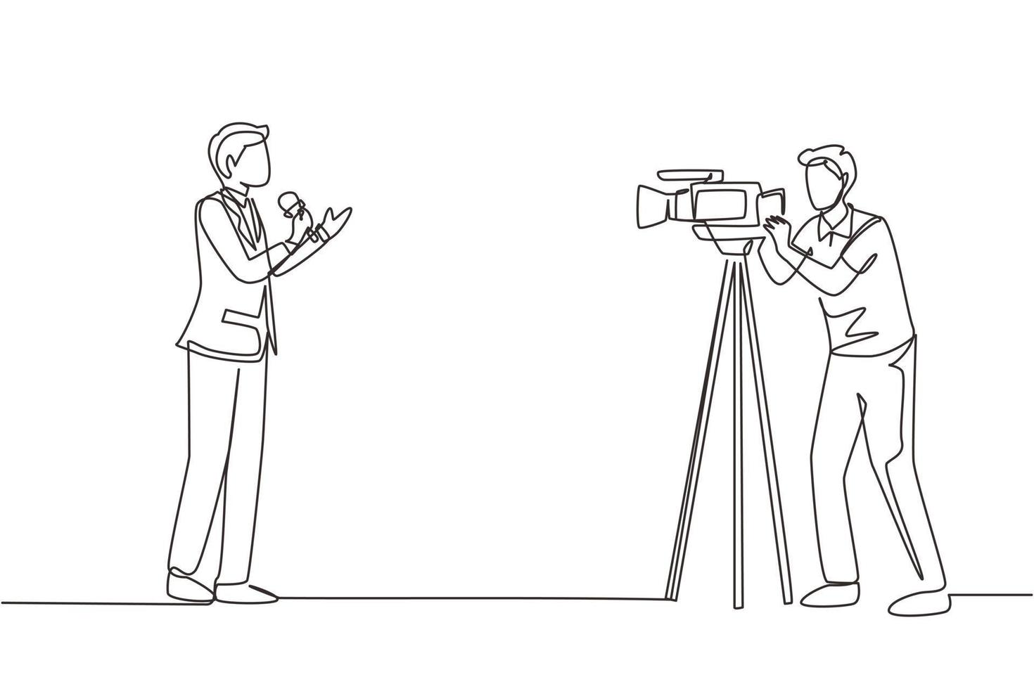 Single one line drawing correspondent or reporter and operator. News reporter performing. Journalists on air. Video cameraman filming news reporter with microphone. Continuous line draw design vector