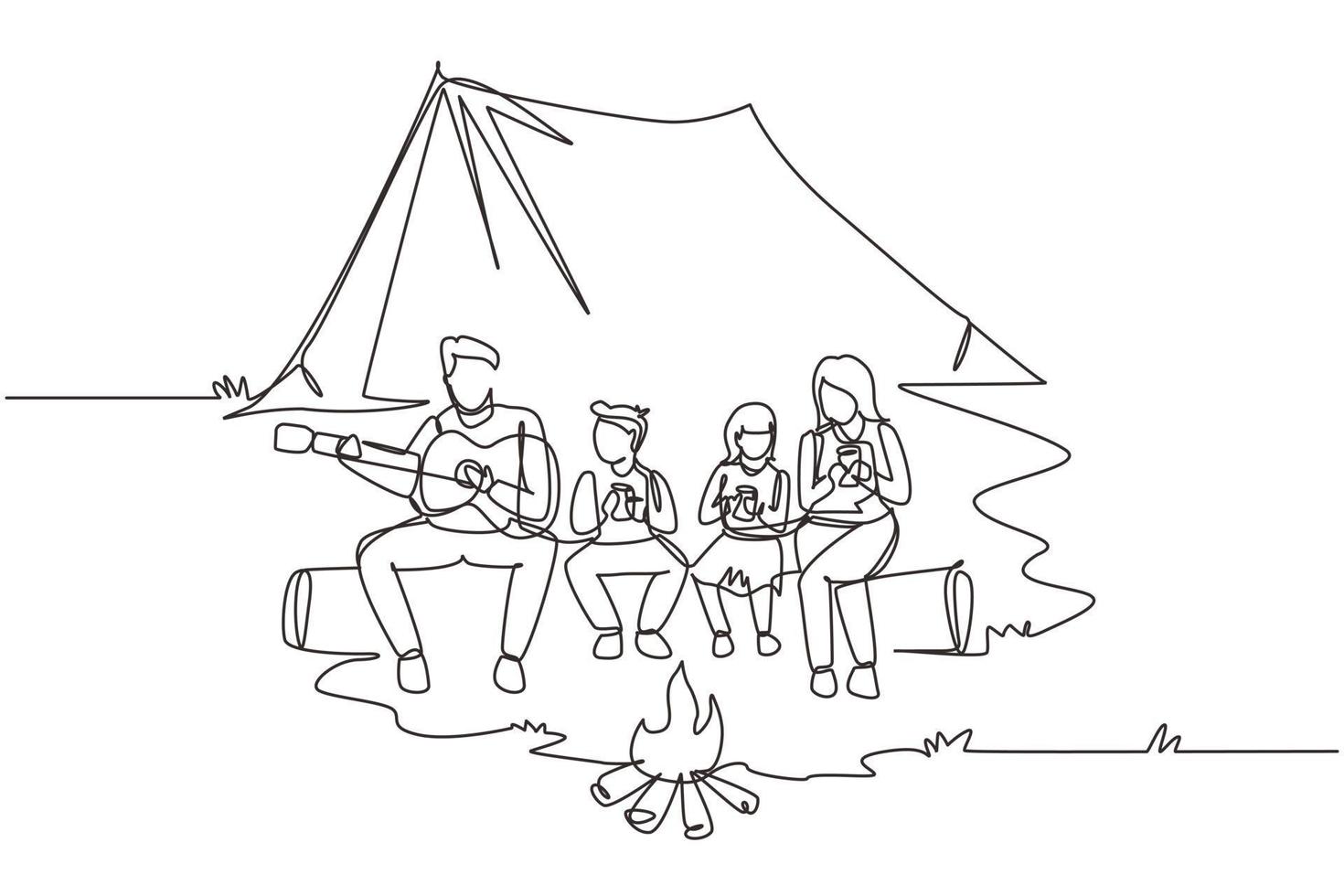 Single continuous line drawing adventure hiker family camping with bonfire. Drinking hot tea sitting on logs. Father playing guitar and sing song with child. One line draw design vector illustration