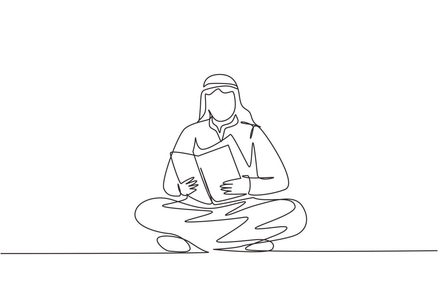 un hombre árabe de dibujo continuo está sentado en el suelo leyendo un libro. el estudiante se está preparando para el examen, el solicitante se está preparando para la admisión, el amante de los libros está leyendo. vector de diseño de dibujo de una sola línea