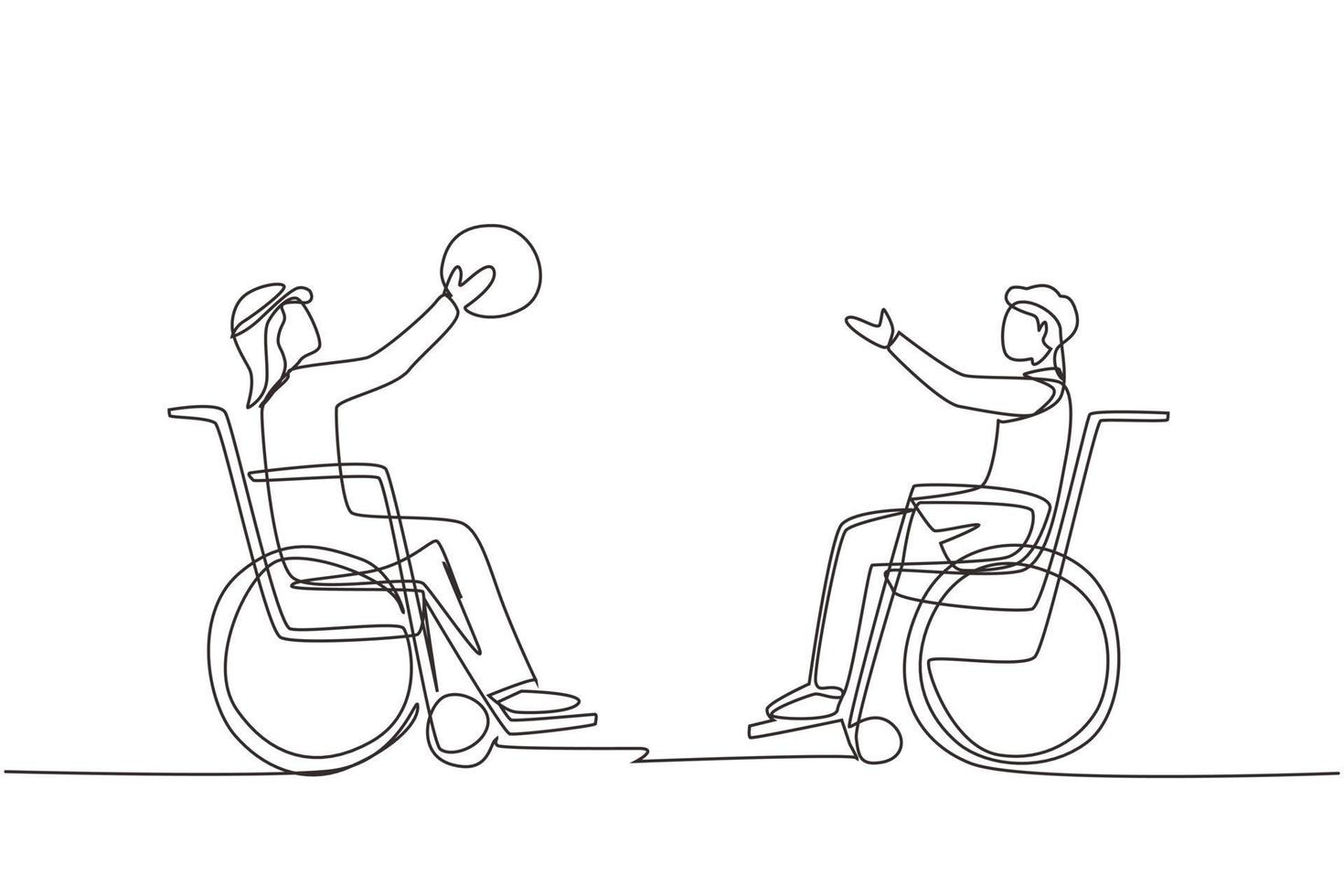 Single one line drawing joyful disabled young Arabian man in wheelchair playing basketball. Concept of adaptive sports for disabled people. Continuous line draw design graphic vector illustration