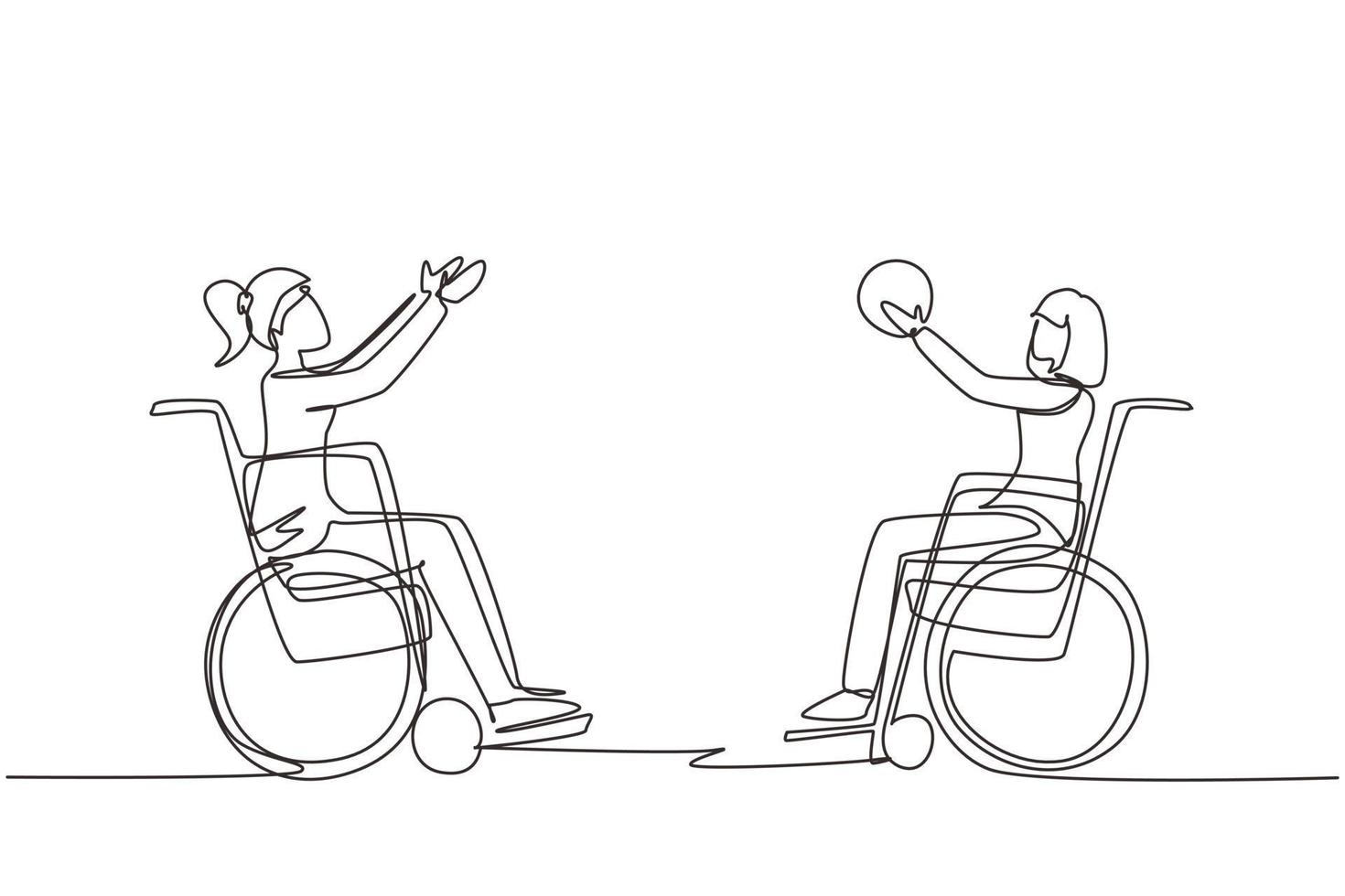 dibujo de una sola línea alegre mujer joven discapacitada en silla de ruedas jugando baloncesto. concepto de deportes adaptados para personas con discapacidad. ilustración de vector gráfico de diseño de dibujo de línea continua moderna