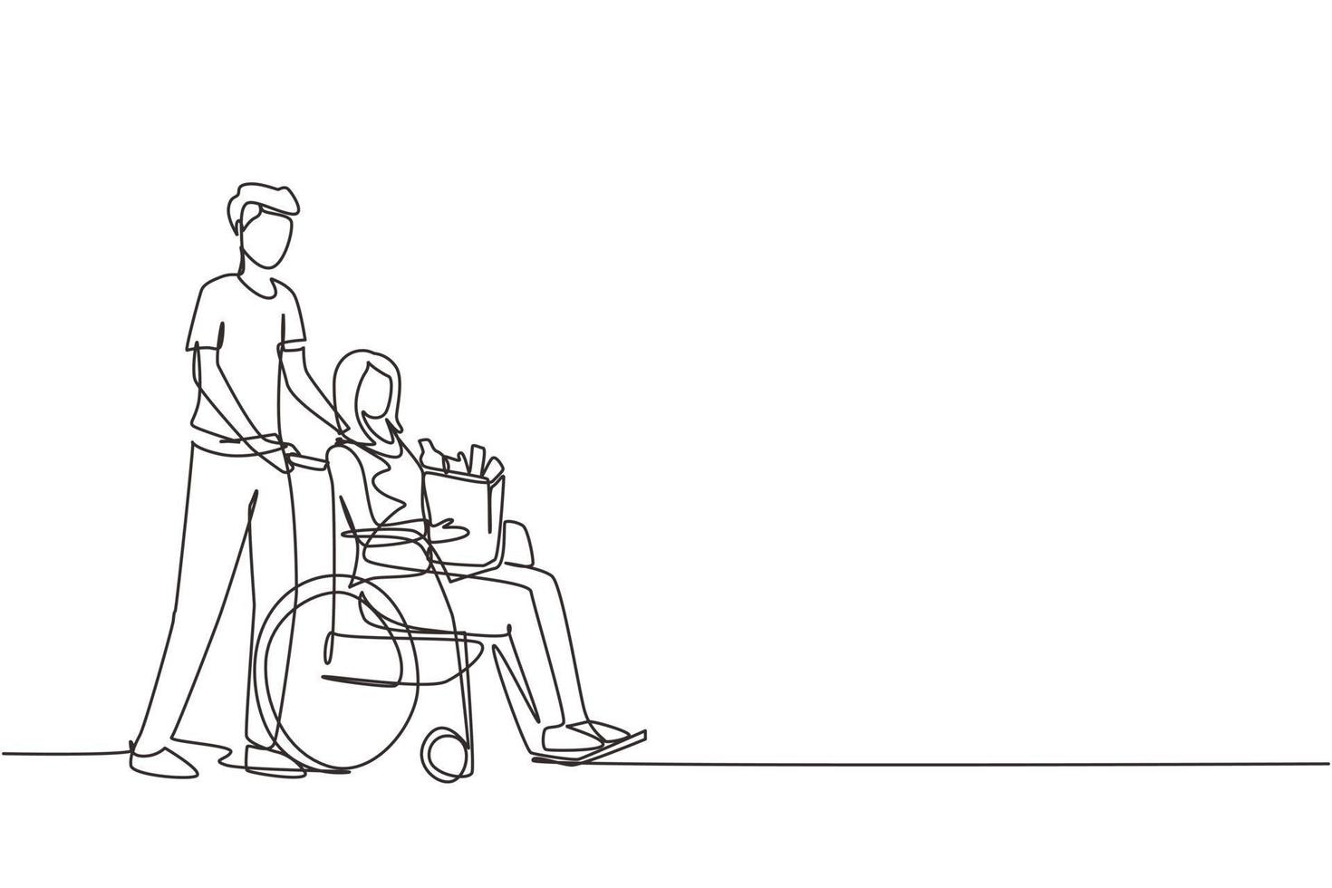 dibujo de una sola línea joven que apoya y cuida a una anciana discapacitada en silla de ruedas. voluntario ayudando con las compras, cuidando a la anciana. ilustración de vector de diseño de dibujo de línea continua