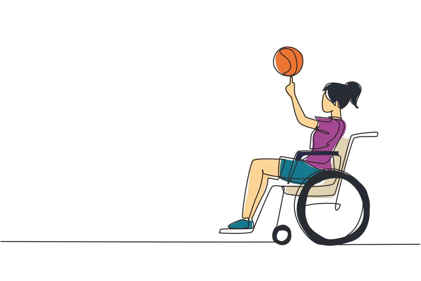 Continuous one line drawing cute girl in wheelchair plays basketball. Disabled person spins basketball on her finger. Exercise for people with disabilities. Single line draw design vector illustration