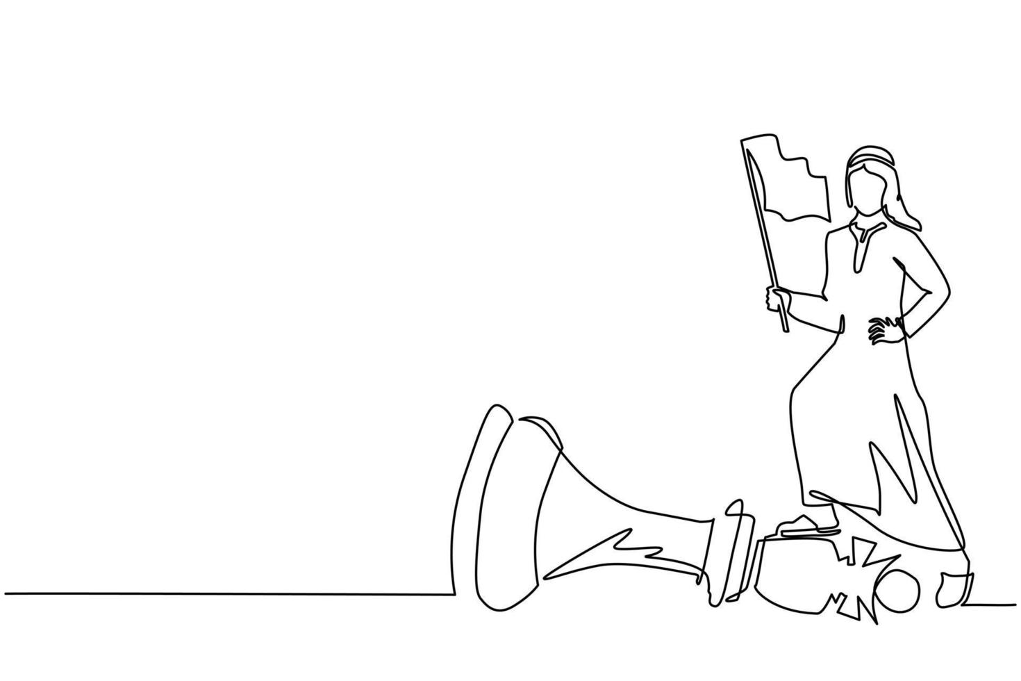 Continuous one line drawing Arabian businessman holding flag, defeat competitors in business as winning chess game. Strategy success using powerful move for advantage. Single line draw design vector
