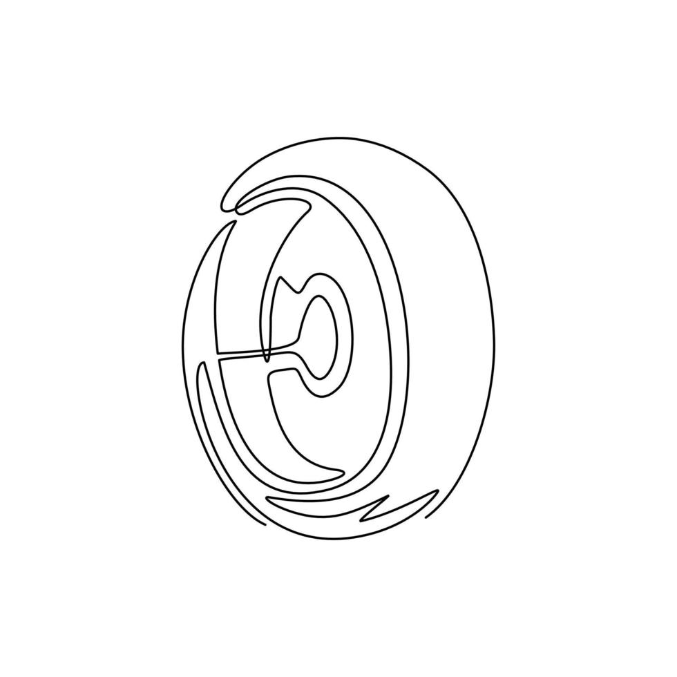 Continuous one line drawing car tires with alloy wheel rim, tire fitting service and sale advertisement poster. Disk car wheel tyre flat isolated. Single line draw design vector graphic illustration