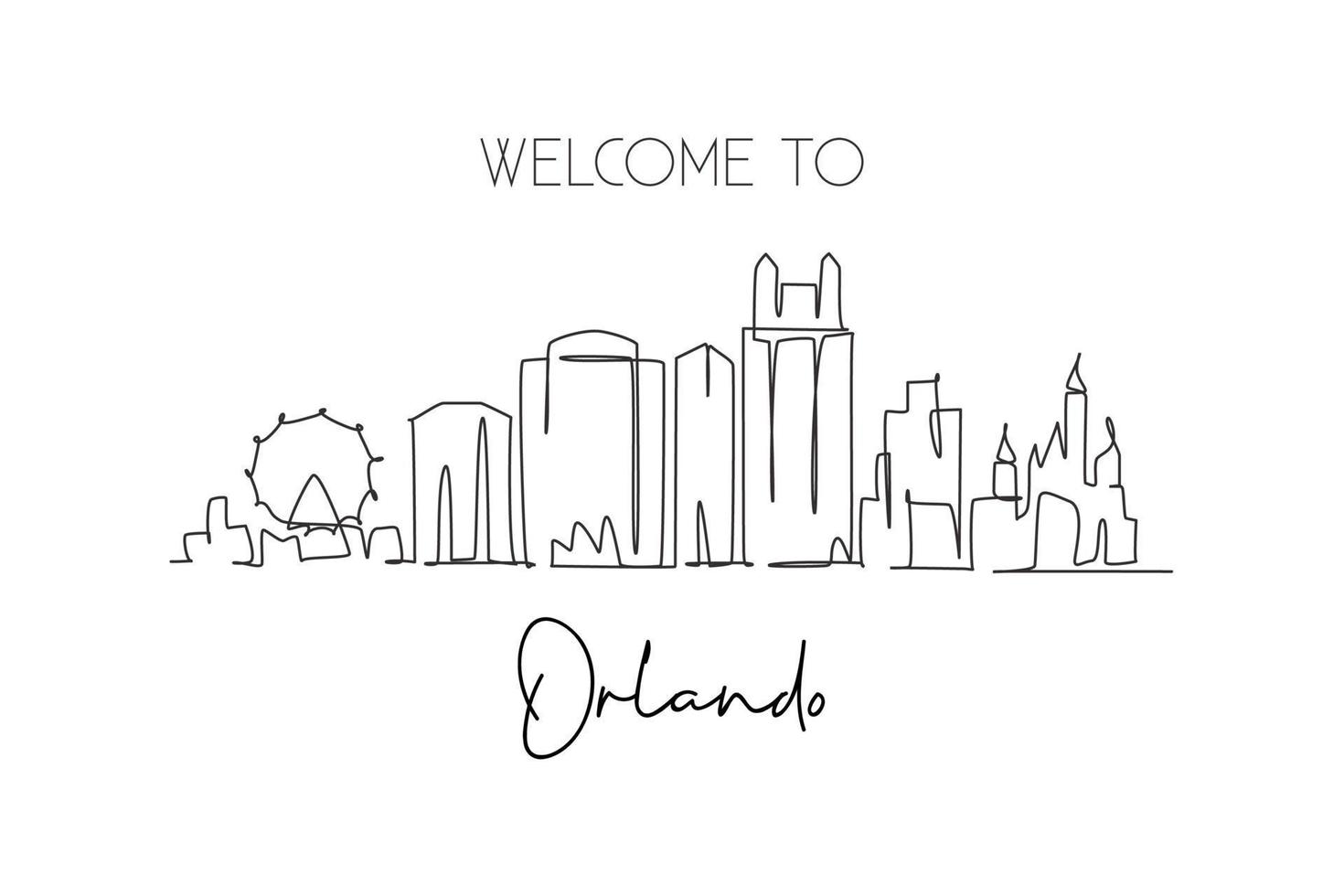 un dibujo de línea continua del horizonte de la ciudad de orlando, florida. hermoso hito. impresión del cartel de la decoración de la pared del hogar del viaje del turismo del paisaje mundial. elegante ilustración de vector de diseño de dibujo de una sola línea