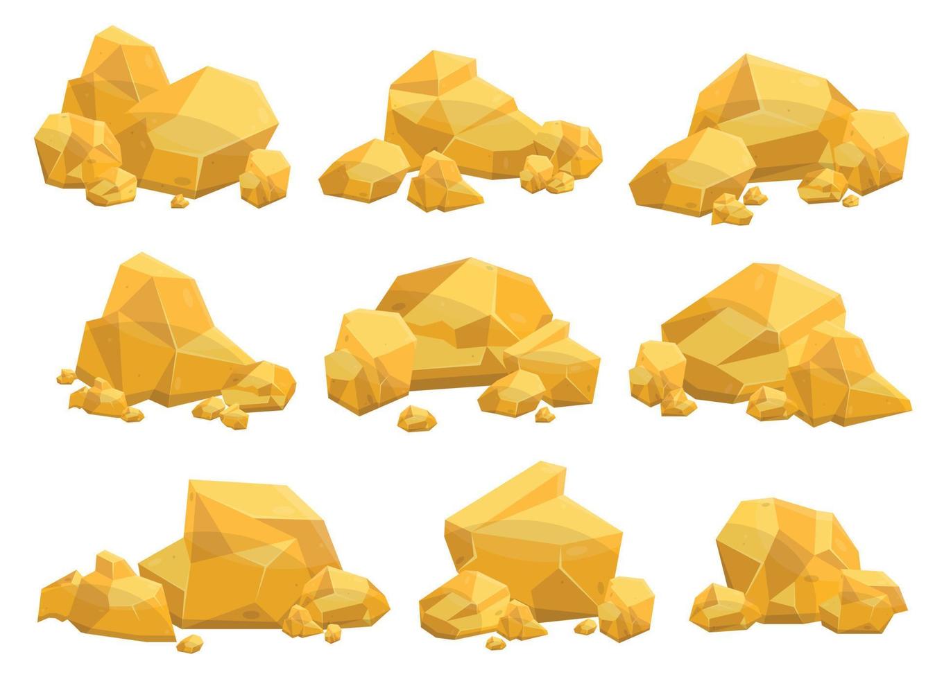 Set of gold stones and boulders in cartoon style. Gold nuggets. Gemstones. Gold mine elements vector