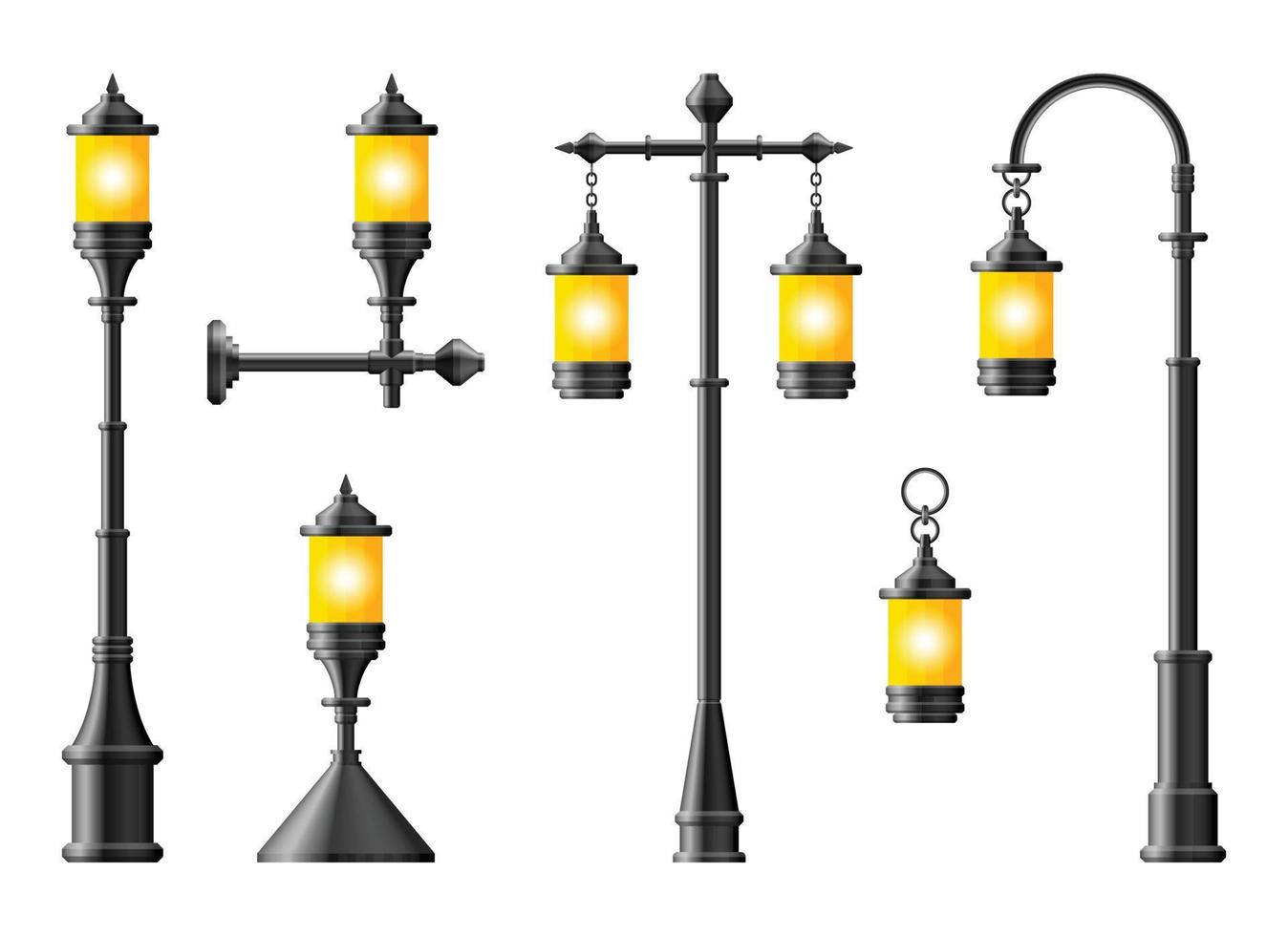 Set of black realistic street light. Street lamp. Vintage lamp vector