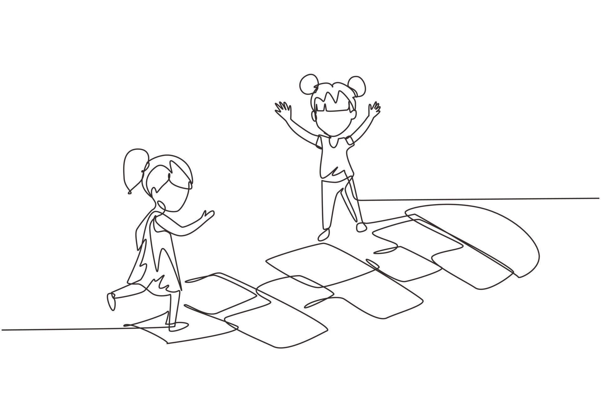 Single one line drawing two little girl playing hopscotch at
