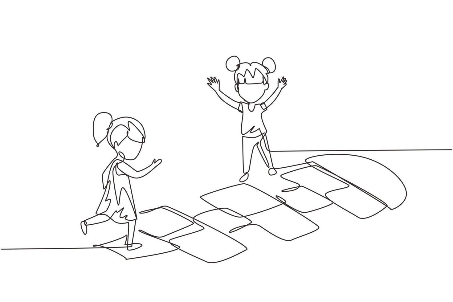 una sola línea dibujando a dos niñas jugando a la rayuela en el jardín de  infantes.