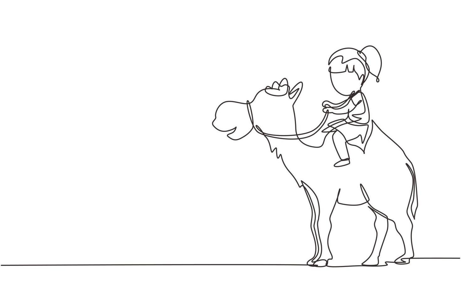 Single continuous line drawing happy little girl riding camel. Child sitting on hump camel with saddle in desert. Kids learning to ride camel. Dynamic one line draw graphic design vector illustration