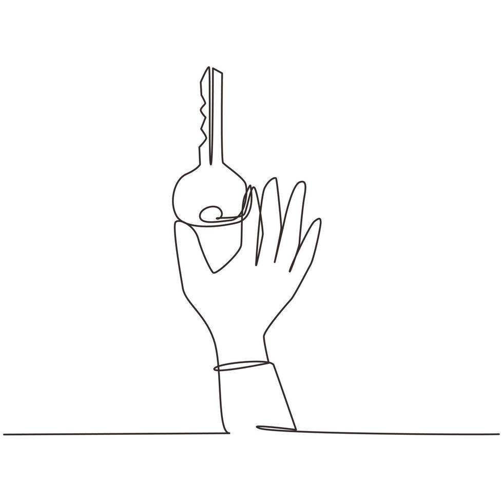 Single continuous line drawing hand holding modern key to unlock door. Hand holds key. Find the key to solve problems, opportunity, business solution. One line draw graphic design vector illustration