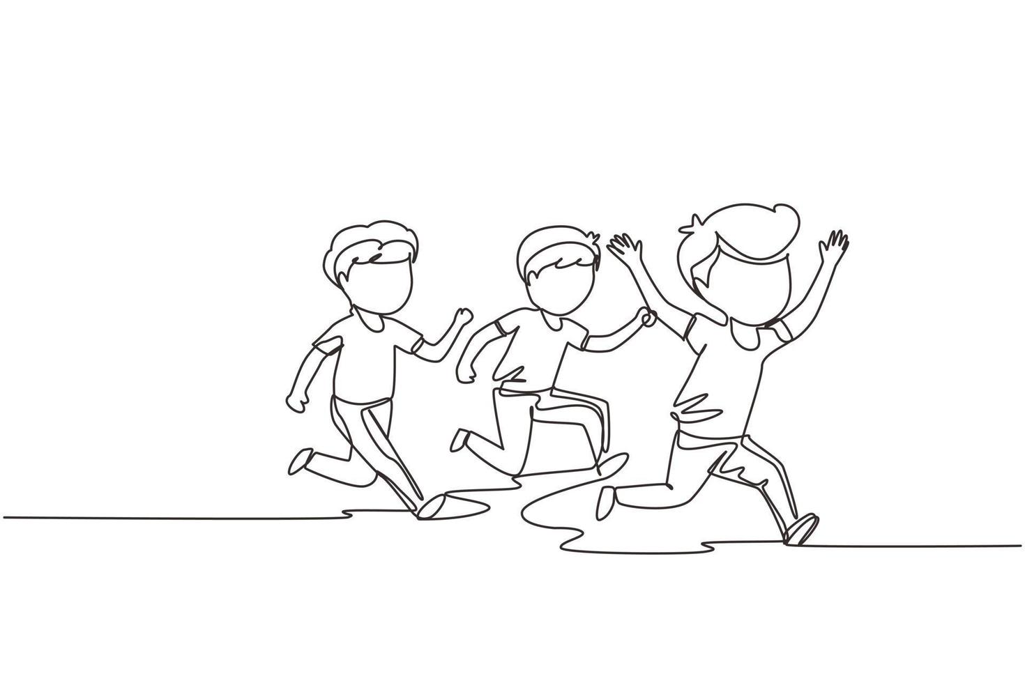 Single continuous line drawing children in athletics competitions. The boys run in stadium and finish. The child came running first and won. Dynamic one line draw graphic design vector illustration