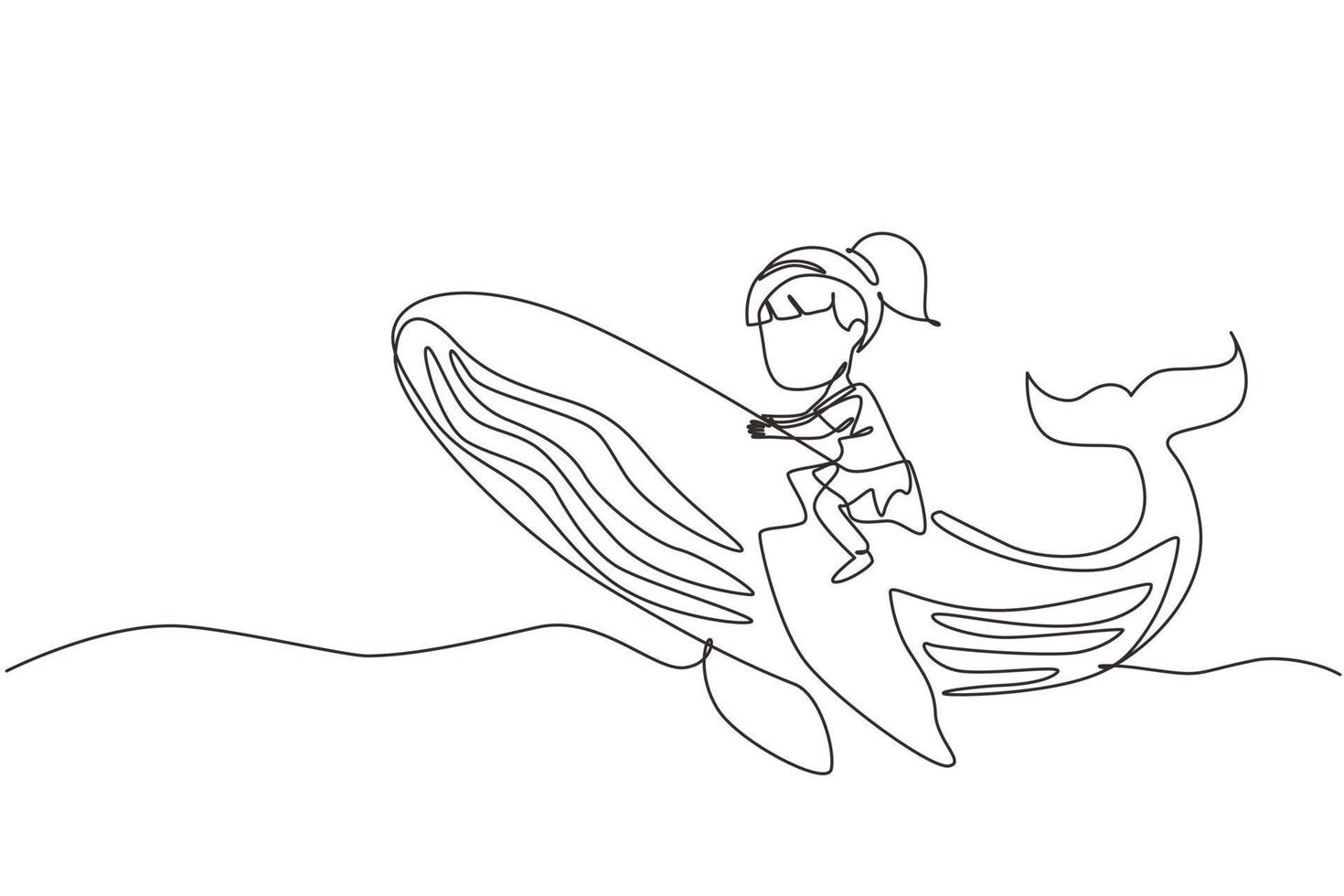 Continuous one line drawing little girl riding blue whale. Young kid sitting on back of whale at beach. Child learning to ride large blue whale. Single line draw design vector graphic illustration