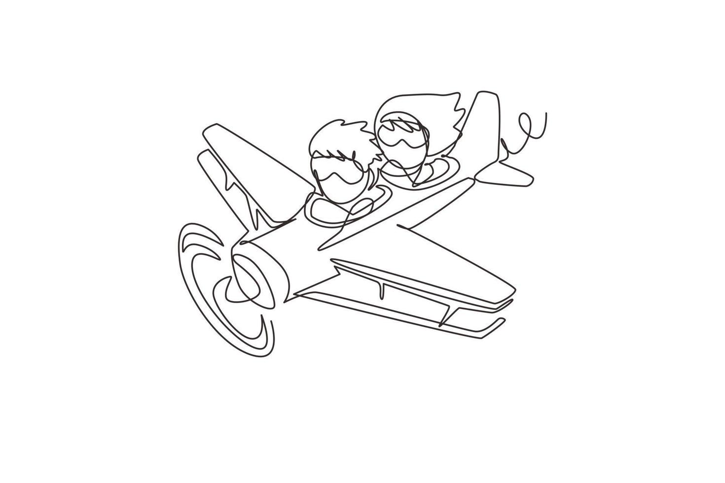 Continuous one line drawing little boy operating plane and a girl as passengers. Kids flying in airplane. Happy smiling kid flying plane like real pilot. Single line design vector graphic illustration