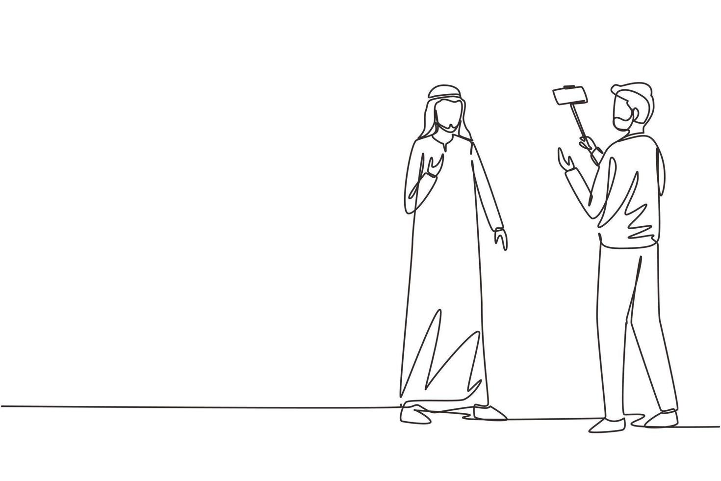 Single continuous line drawing Arab presenter filming video blog with operator. Man blogger, journalists filming with professional smartphone and videographer. One line draw design vector illustration