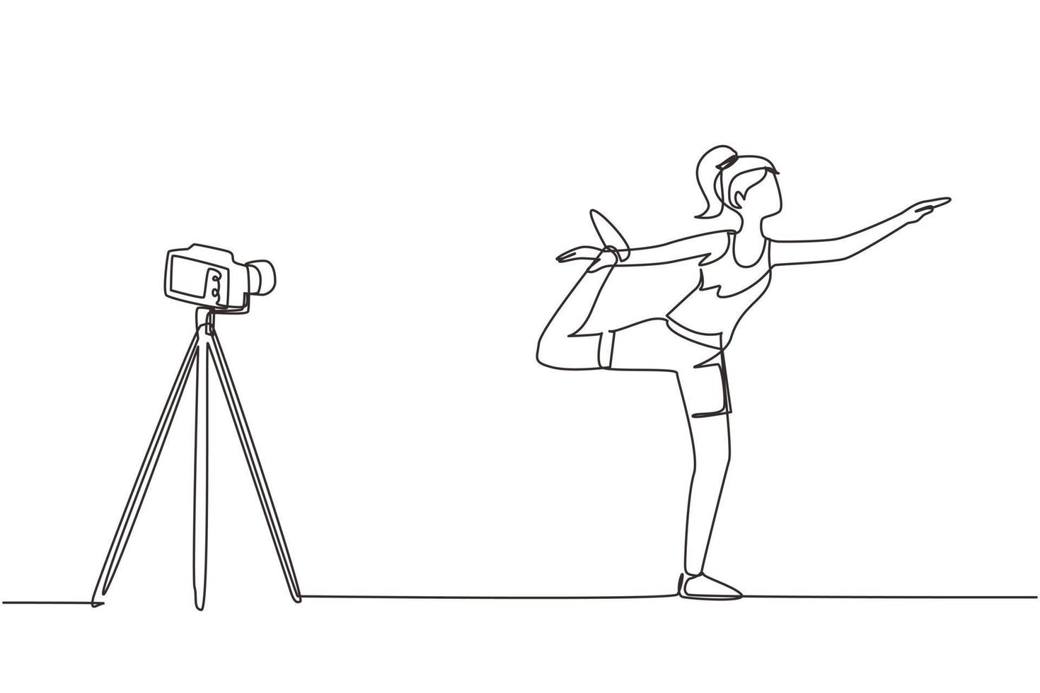 Continuous one line drawing woman blogger in sportswear shoots video on camera doing exercises at home. Fitness vlogger live broadcast of training session. Single line draw design vector illustration