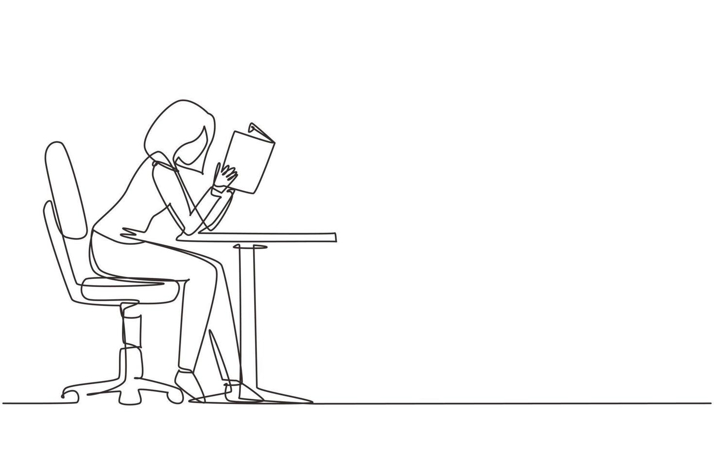 Single continuous line drawing girl student reading book in library or bookshop and sitting on chair at table. People read and study education or pupil learning lesson. One line draw design vector