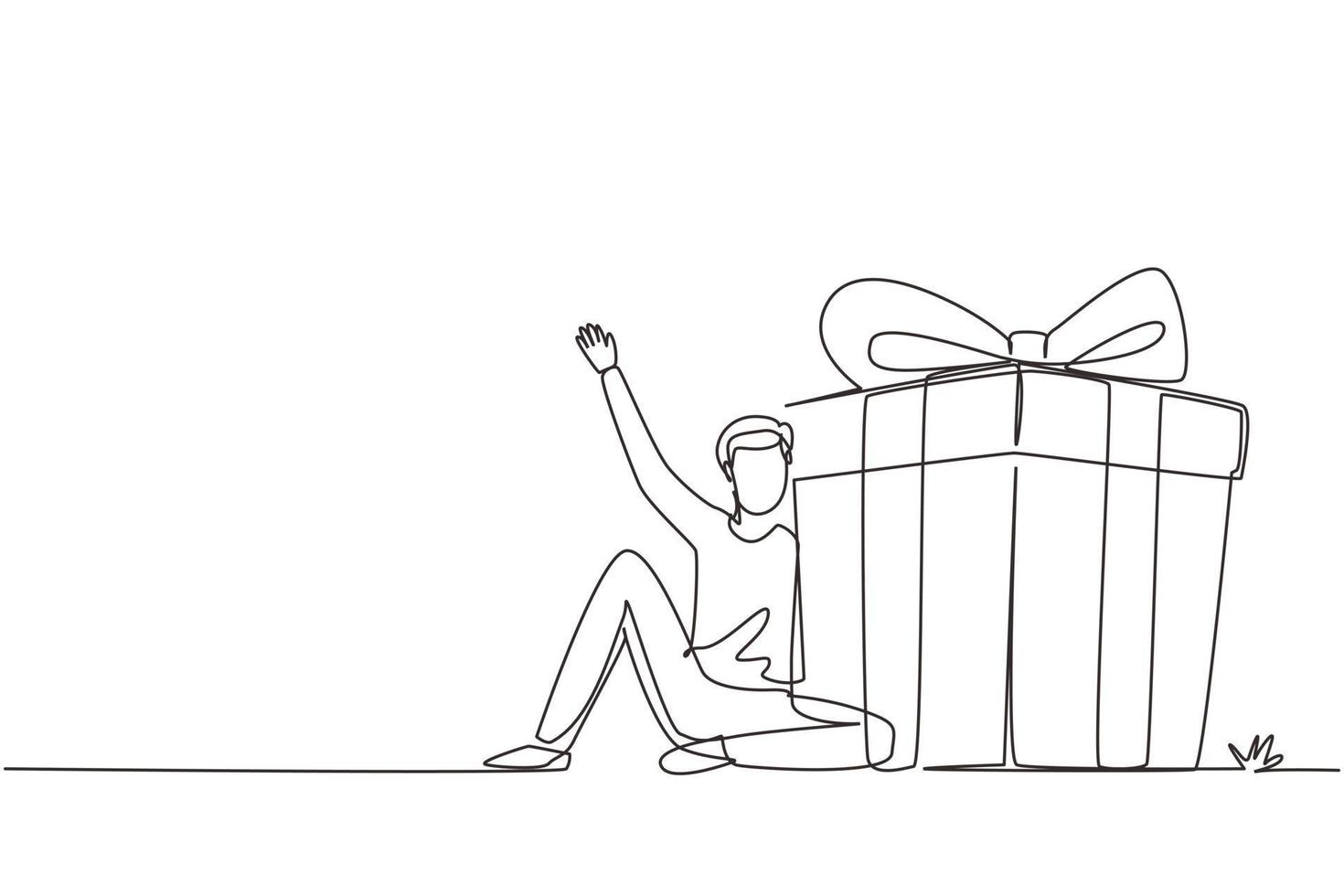 Single continuous line drawing loyalty program for regular clients. Businessman holds big gift box. Gift for holiday. Happy male sitting next to large gift. One line draw design vector illustration