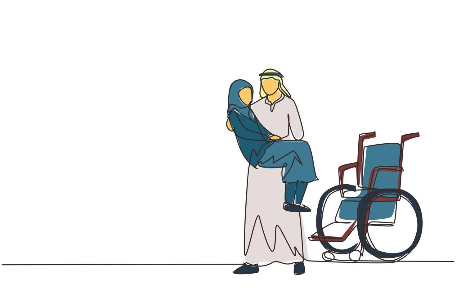 Single one line drawing loving Arab son took his old disabled mother from wheelchair carrying her in his arms. Happy senior lady in hugs of her strong child. Continuous line draw design graphic vector