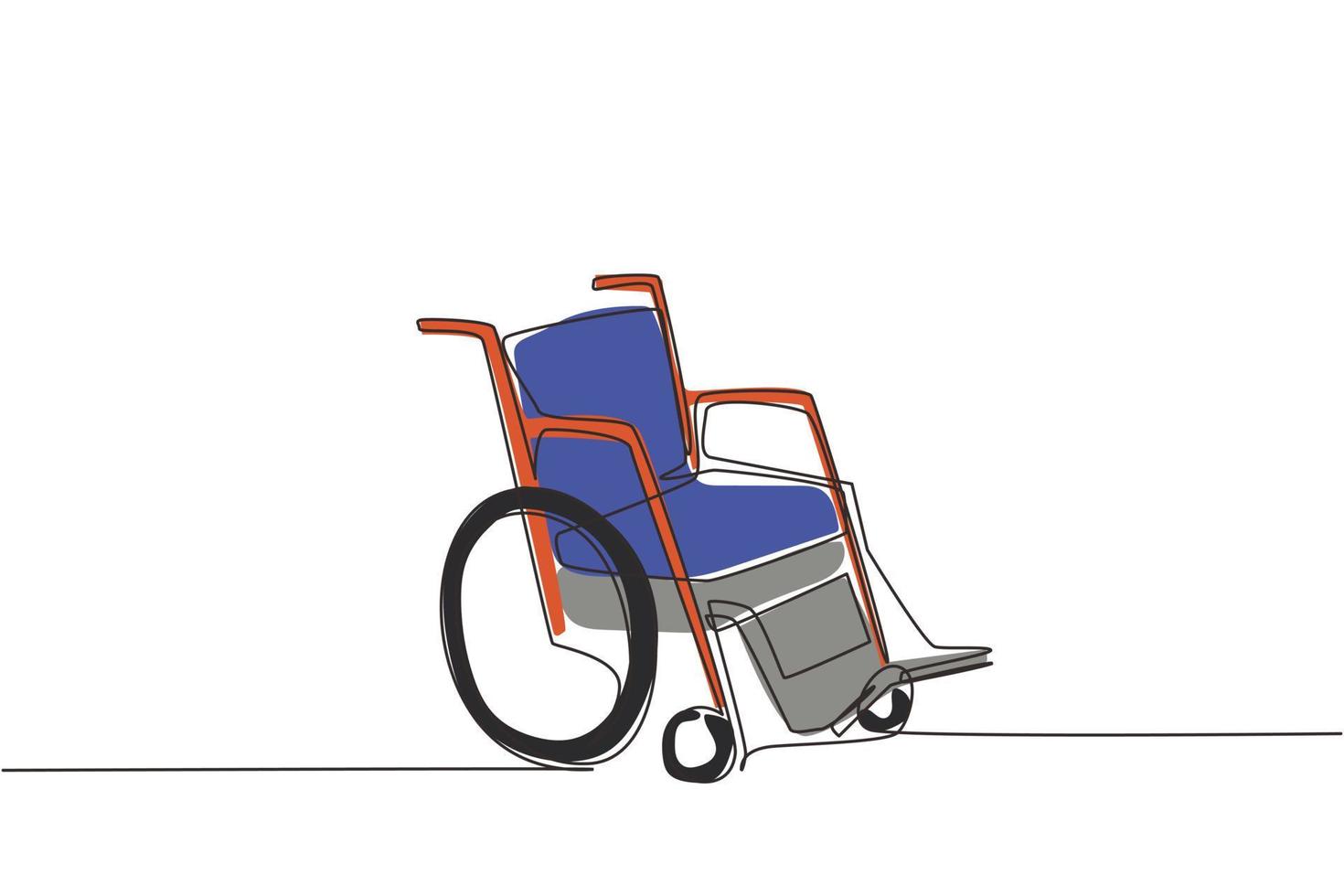 silla de ruedas de dibujo continuo de una línea para personas con discapacidades. Dispositivo de carro de cochecito de paseo vacío. objeto de terapia de salud dibujado a mano. ilustración gráfica de vector de diseño de dibujo de una sola línea