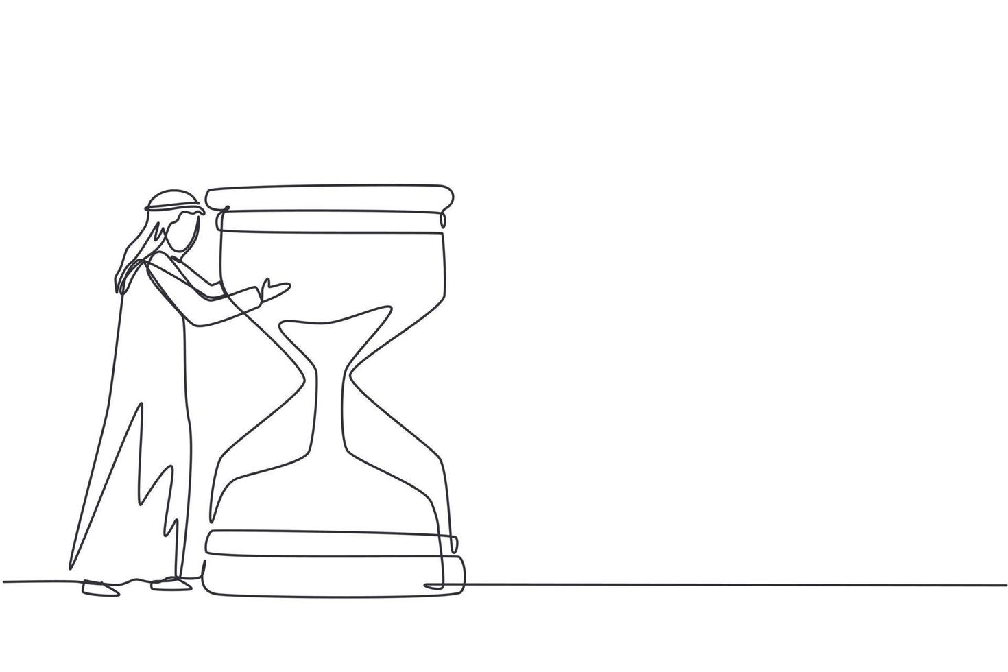 Single continuous line drawing confident young Arabian businessman hugging on huge hourglass. Time management or successfully task organizing concept. One line draw graphic design vector illustration
