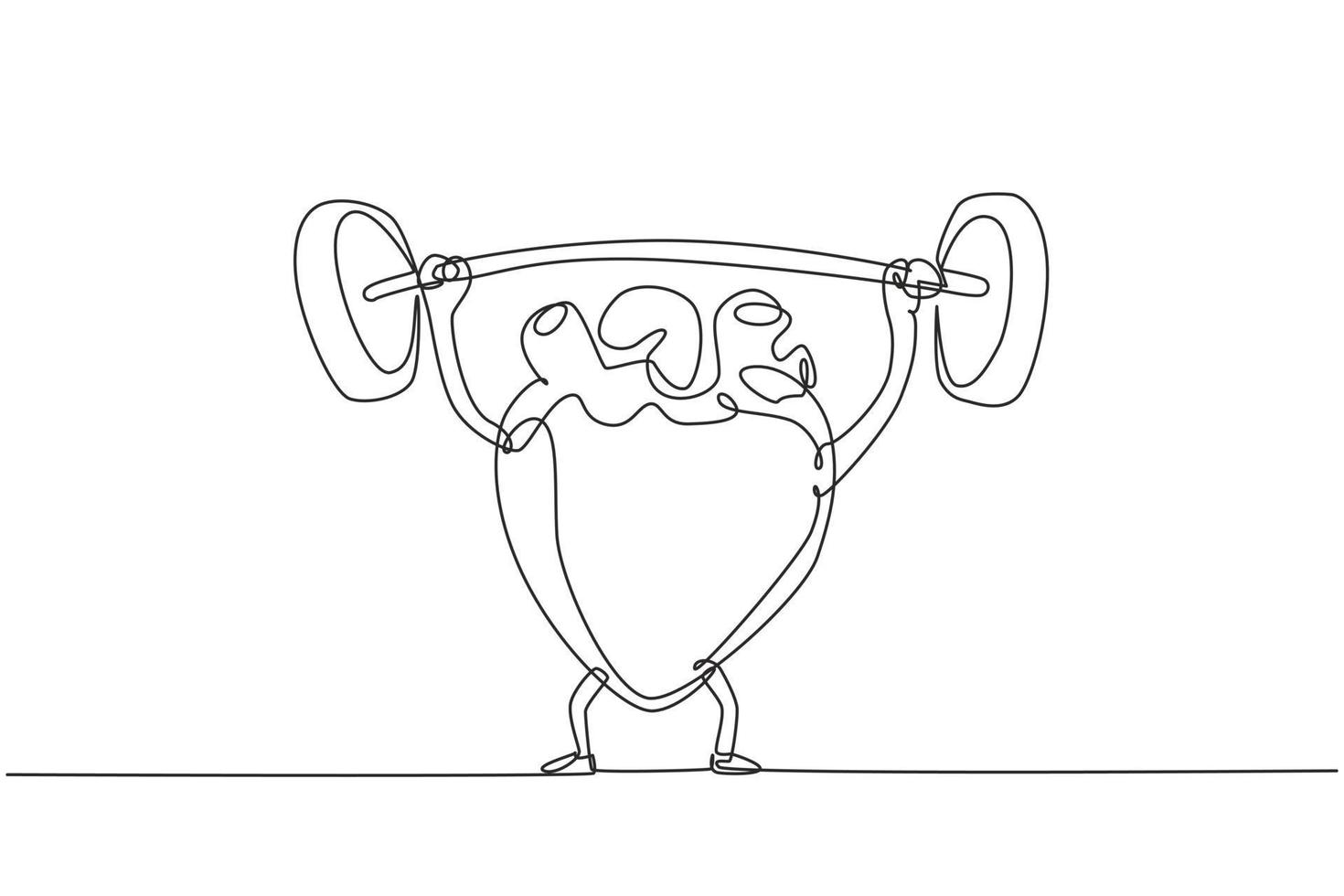 Continuous one line drawing sports fitness design concept of human heart organ doing exercises with  barbell. Healthy heart showing strength by lifting heavy barbell. Single line draw design vector