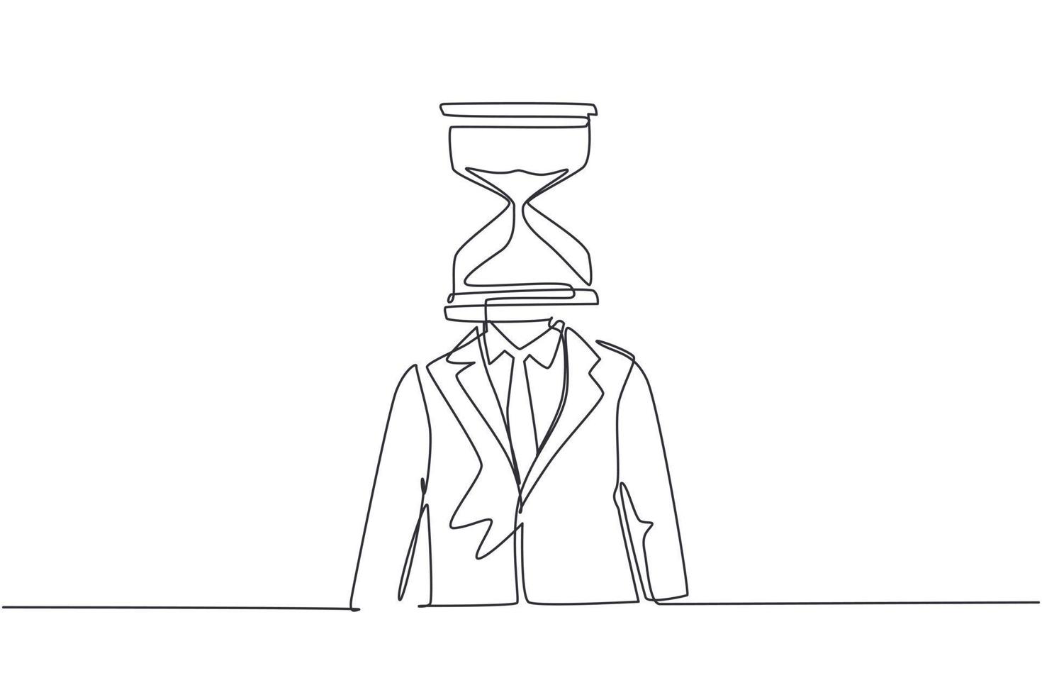 Continuous one line drawing businessman with hourglass instead of head, symbolizing pressure, deadline, schedule, time management. Sandglass clock. Single line draw design vector graphic illustration