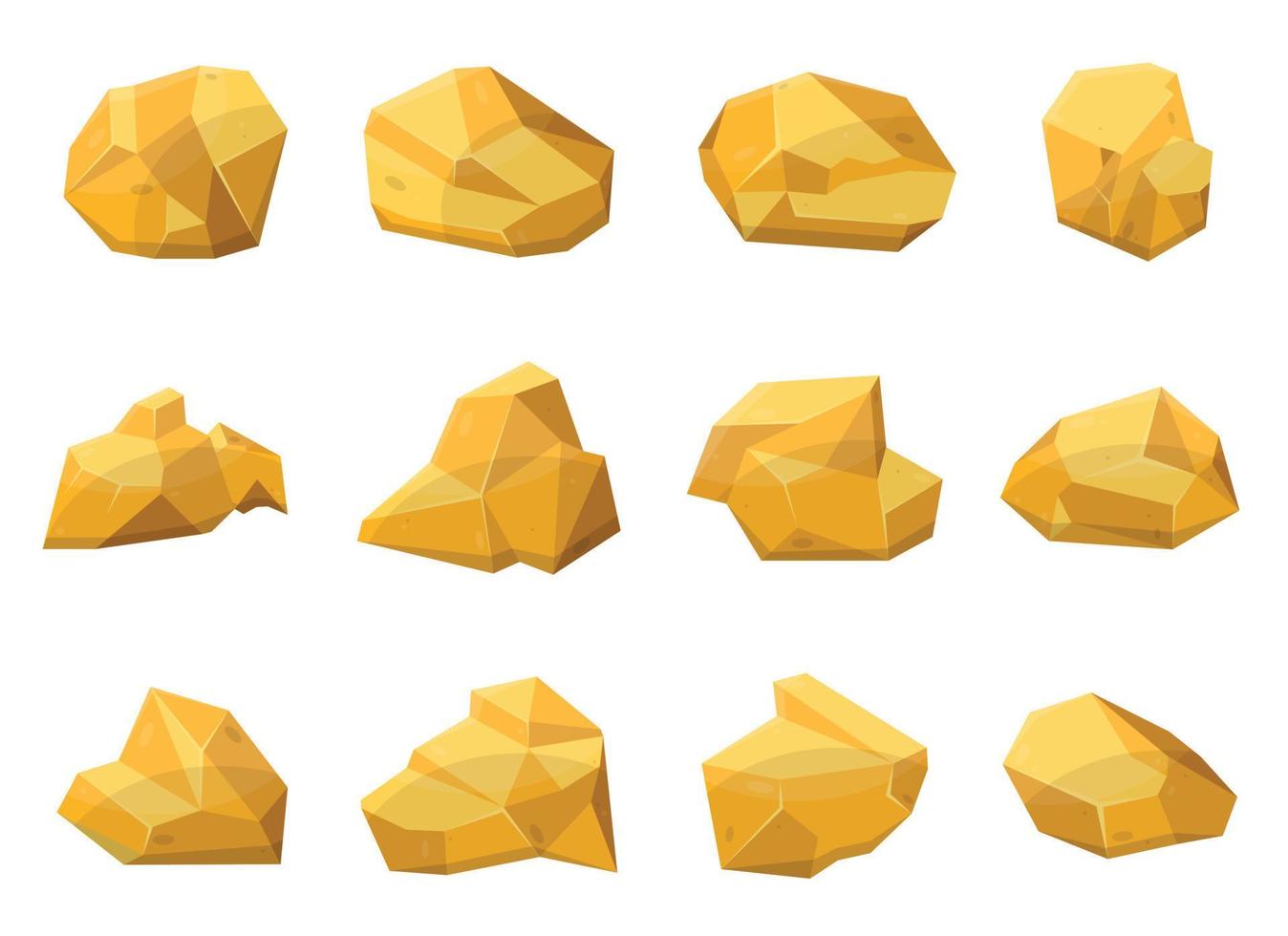 Set of gold stones and boulders in cartoon style. Gold nuggets