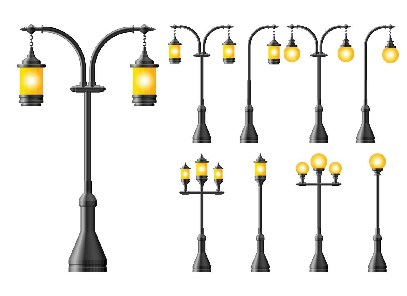 Set of black realistic street light. Street lamp. Vintage lamp vector