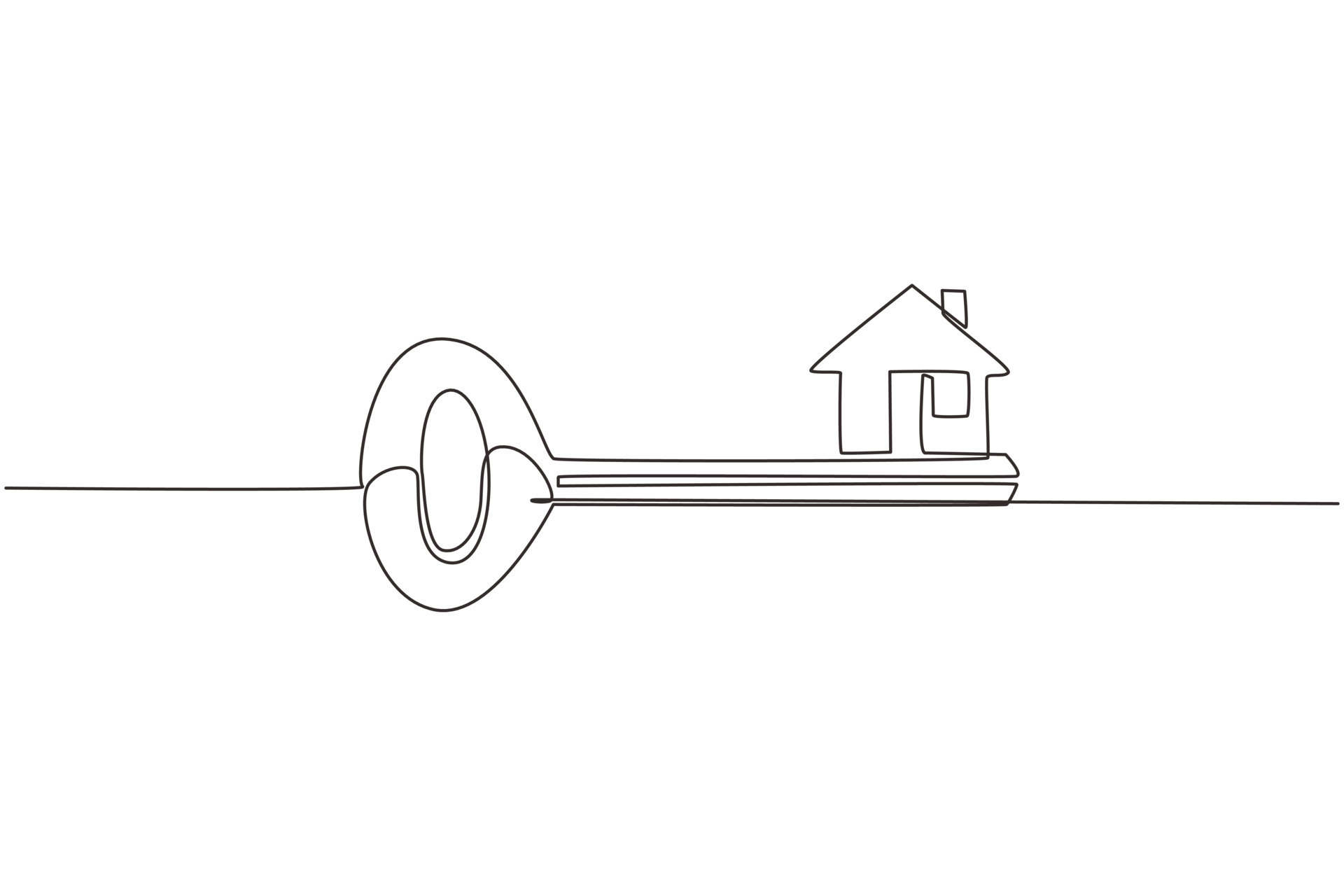 Single one line drawing key with house shape. Home security key house logo design. Real Estate