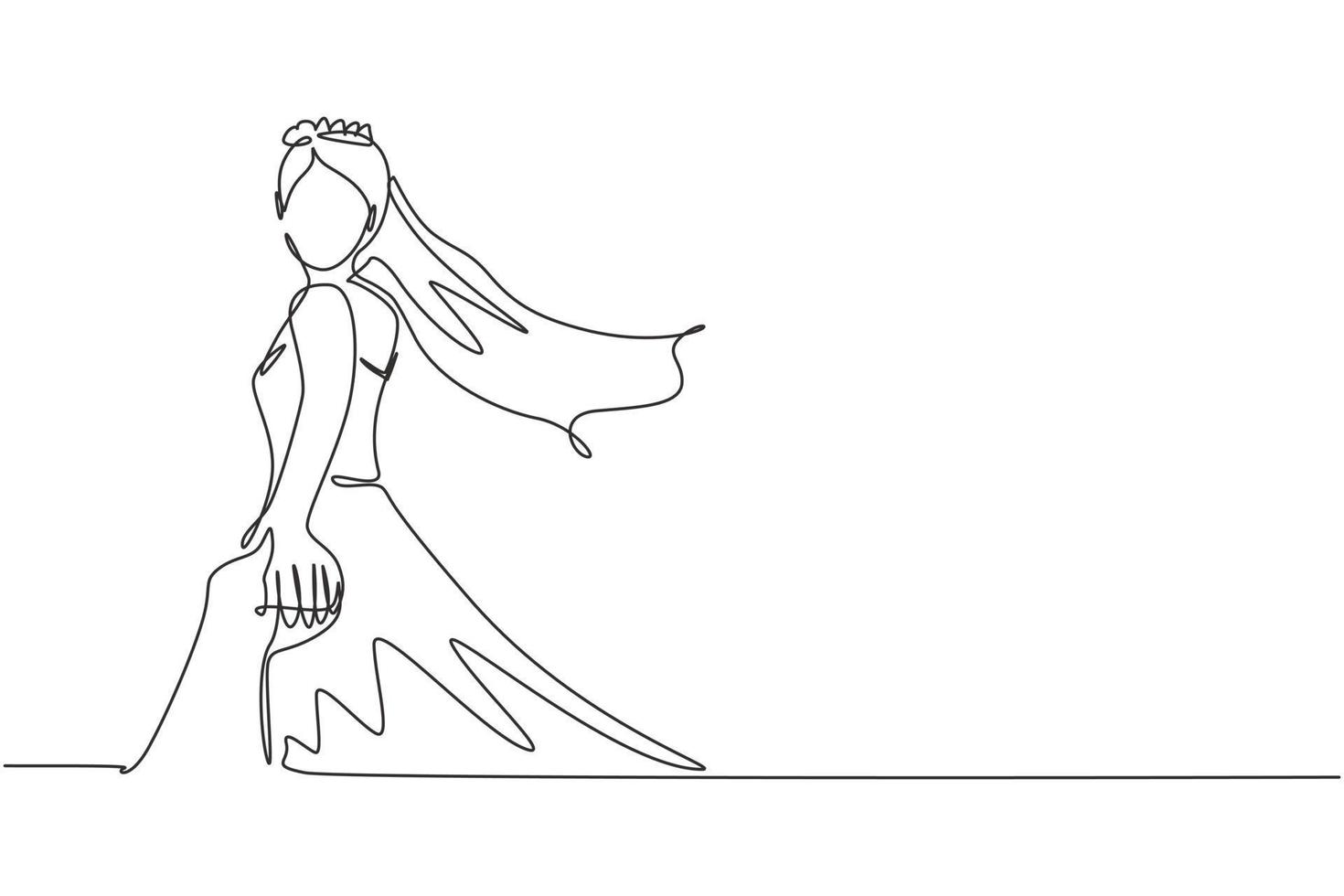 Single continuous line drawing woman wearing dress walking on romantic honeymoon holiday holding hand of husband following her, view from behind. Married couple summer vacation. One line draw graphic vector
