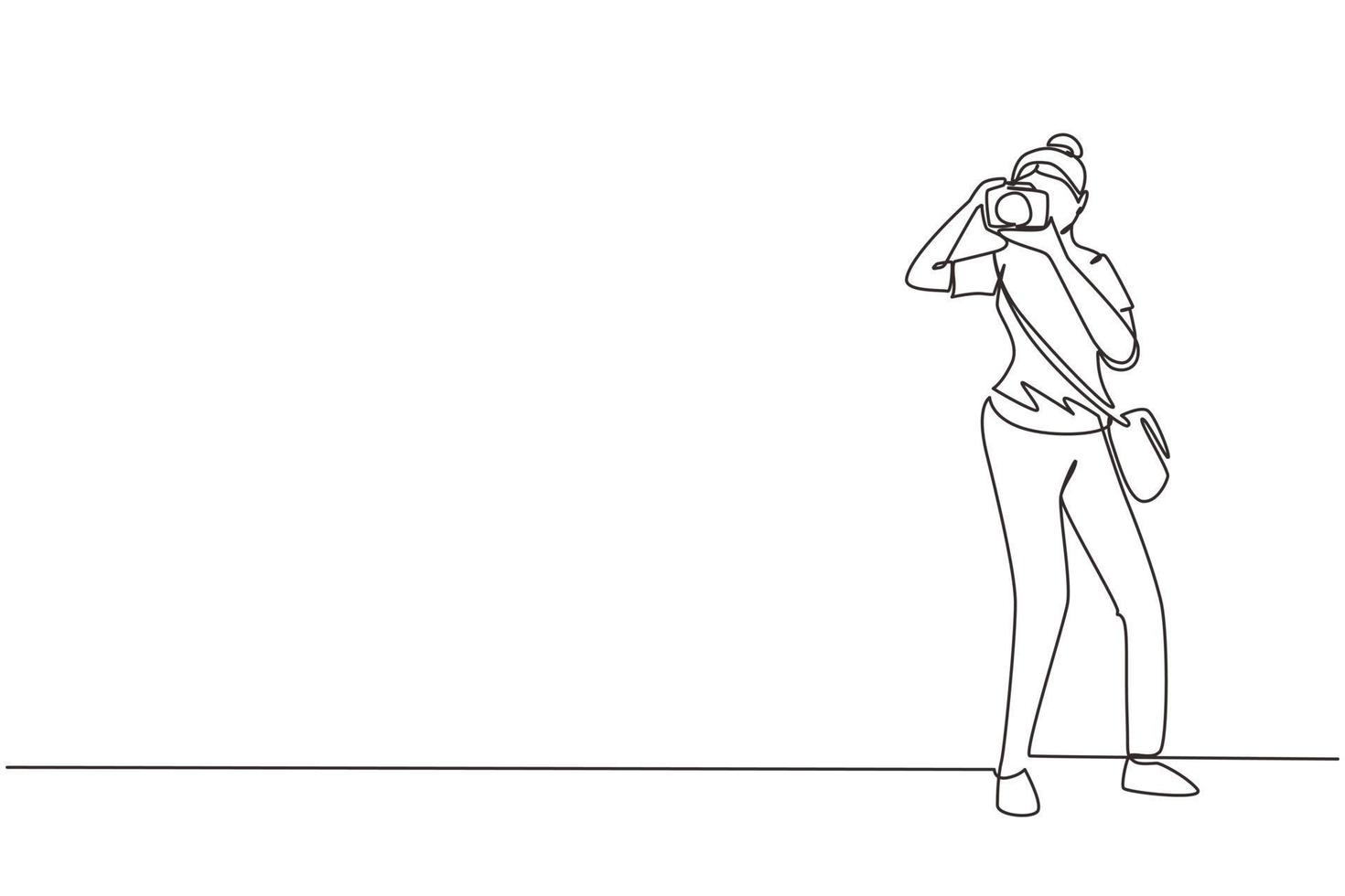 Continuous one line drawing woman with camera and sling bag taking pictures. Female paparazzi or journalist occupation, digital photography hobby activity. Single line draw design vector illustration