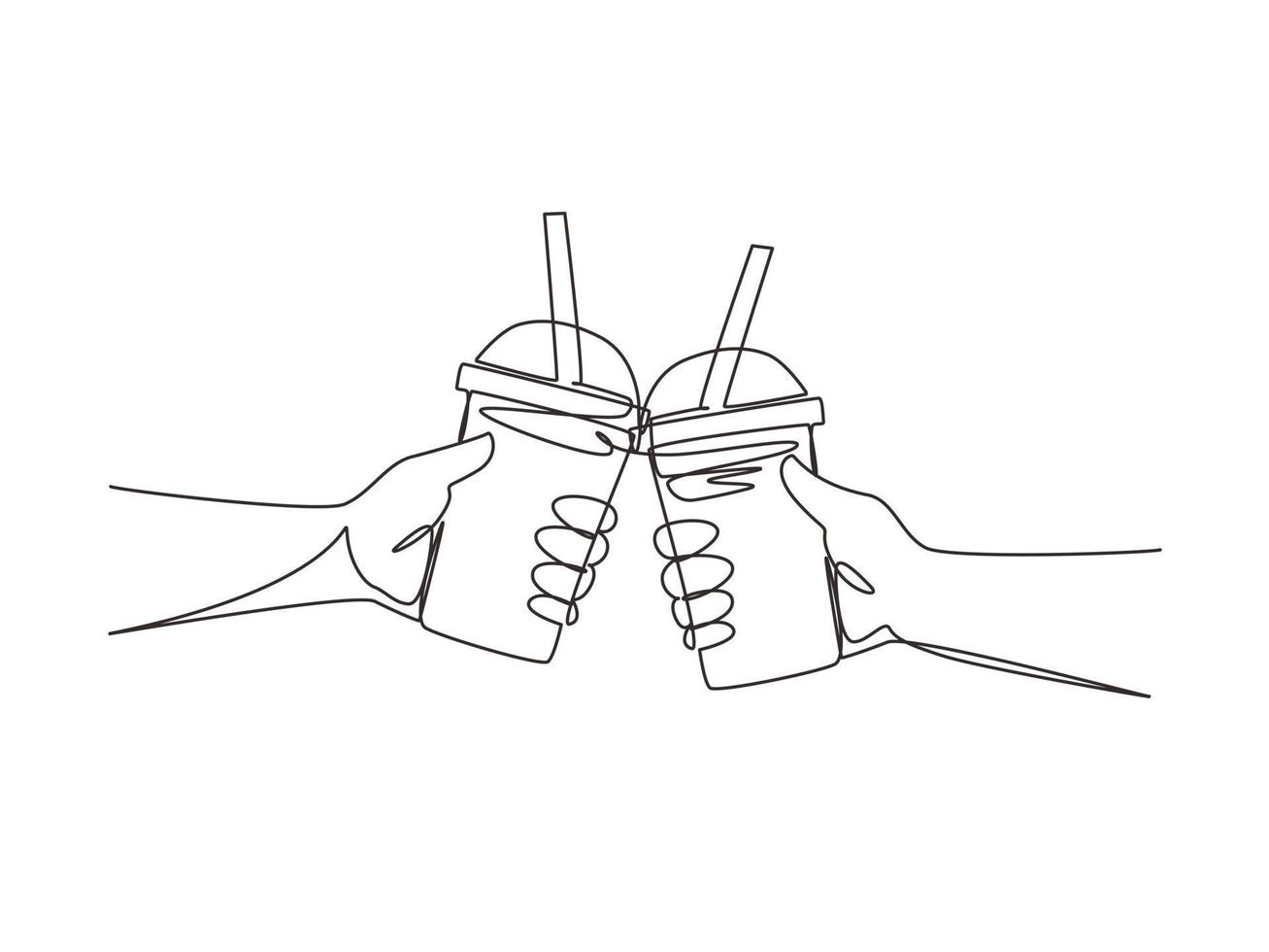 Single one line drawing two hands holding plastic cup bubble tea is toasting and clinking. Brown sugar flavor tapioca pearl bubble milk tea with glass straw. Continuous line draw design graphic vector