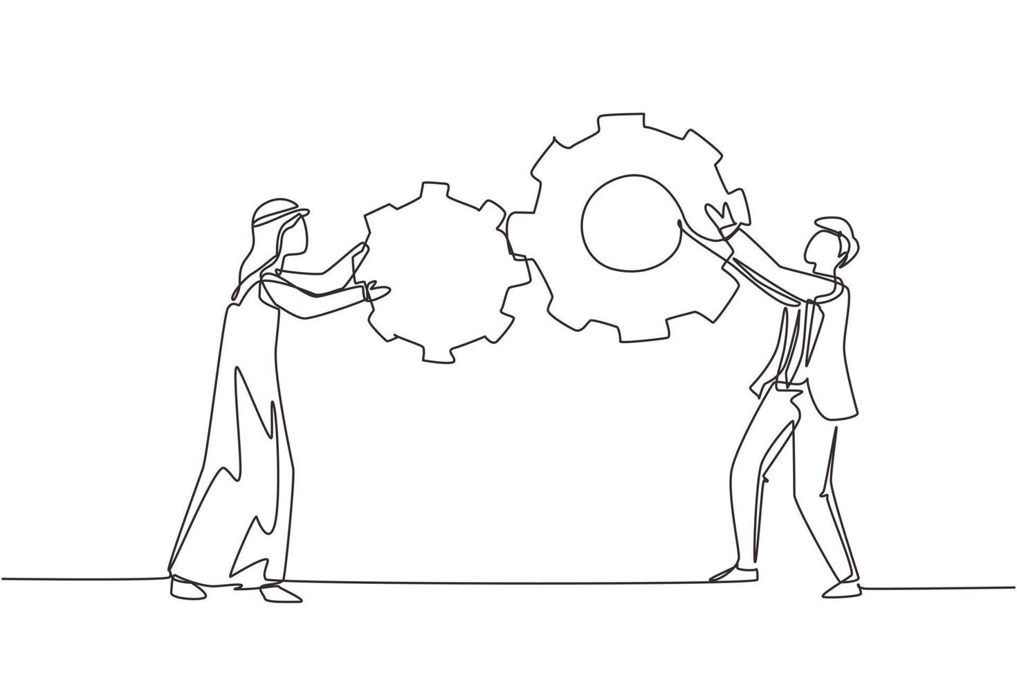 Continuous one line drawing teamwork cooperation in gear mechanism. Two Arab businessmen engaged in business direction to successful. Huge cogwheel machine. Single line draw design vector illustration