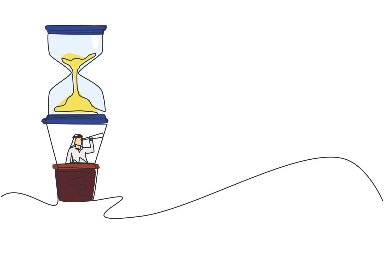 Single one line drawing Arabian businessman in hot air balloon hourglass looking with telescope. Business time management. Success, champion, sandglass. Continuous line draw design vector illustration