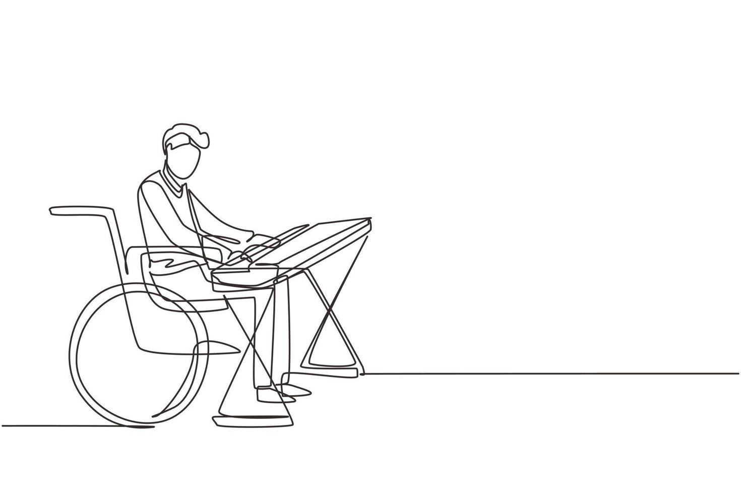 Single continuous line drawing handsome male keyboardist sit wheelchair playing electric keyboard, sing song. Physically disabled. Rehabilitation center. One line draw design vector illustration