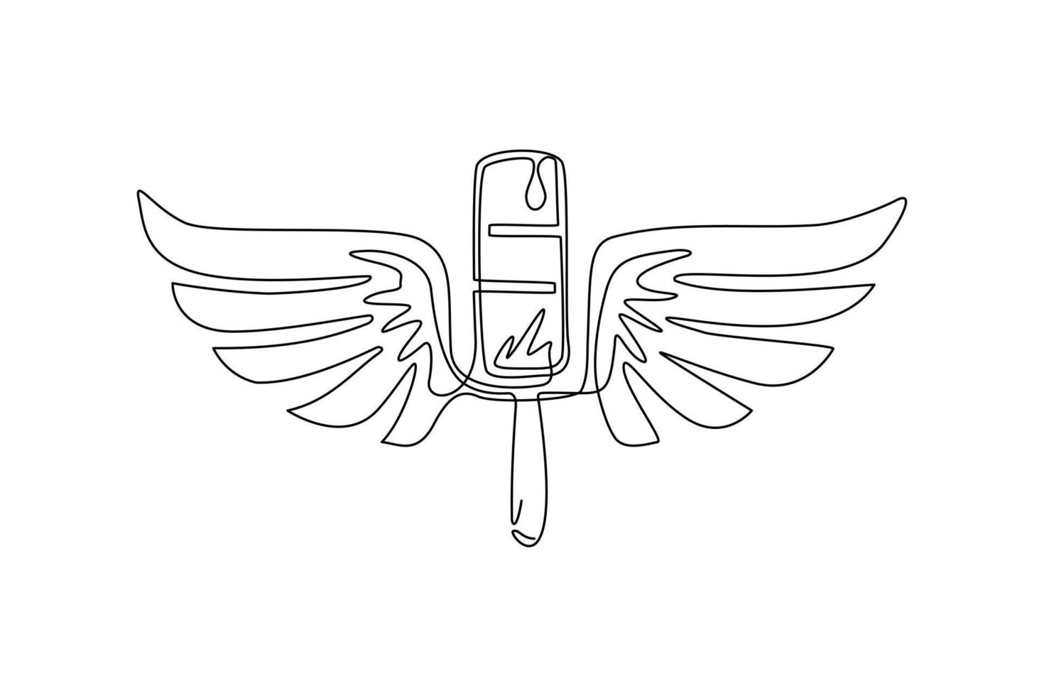 Single one line drawing popsicle ice cream with wings icon. Winged frozen ice cream sticks flat logo symbol. Delicious dessert in summer. Modern continuous line draw design graphic vector illustration