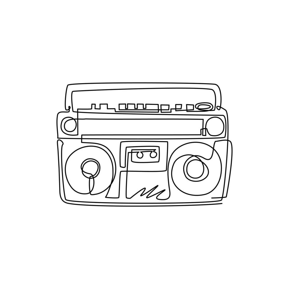 Single one line drawing radio tape or boombox black and white music emblem. Tape recorder monochrome graffiti. Retro radio icon symbol. Modern continuous line draw design graphic vector illustration