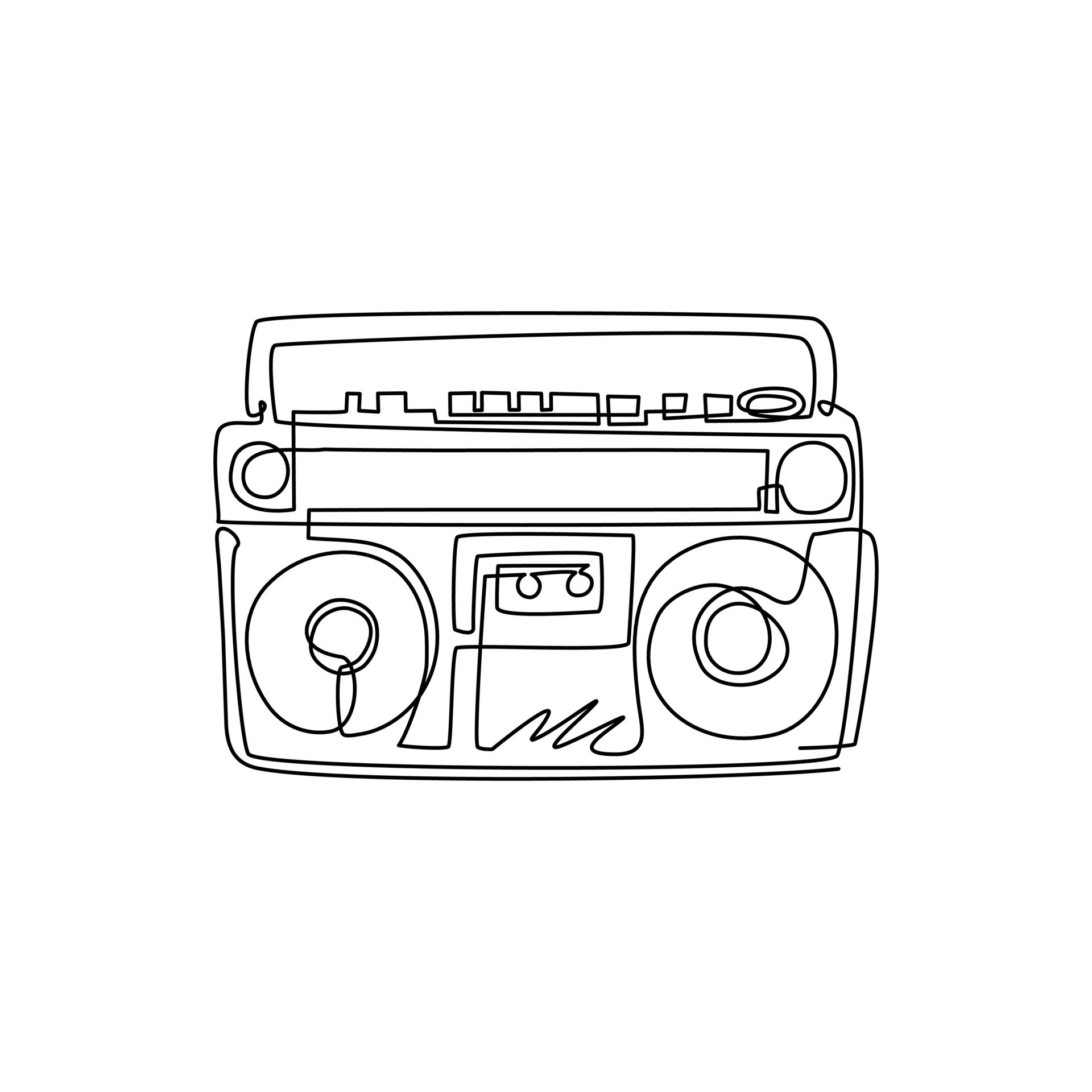 Single one line drawing radio tape or boombox black and white music